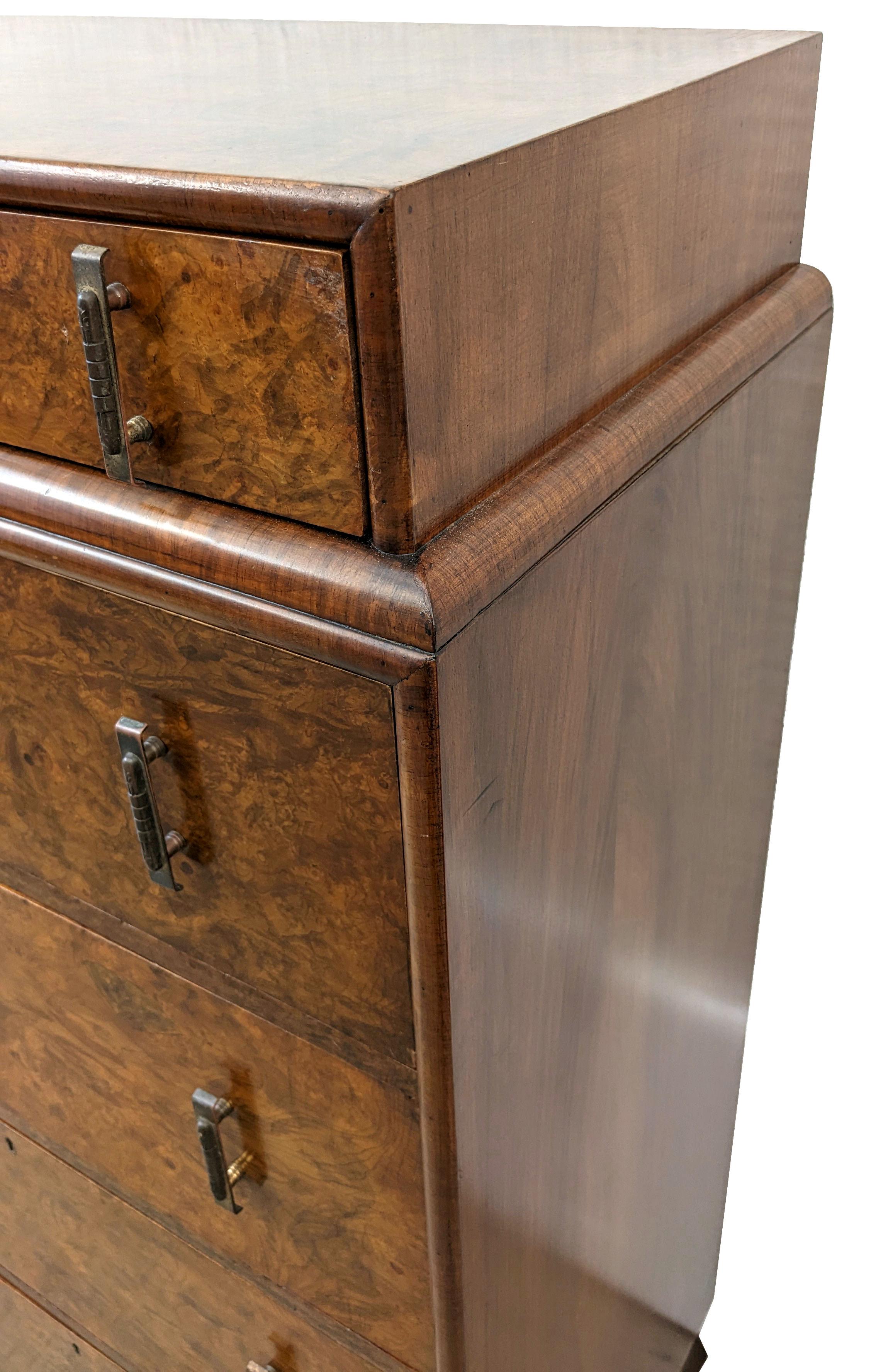 20th Century Art Deco Figured Walnut Chest of Five Drawers, English, C1930's For Sale