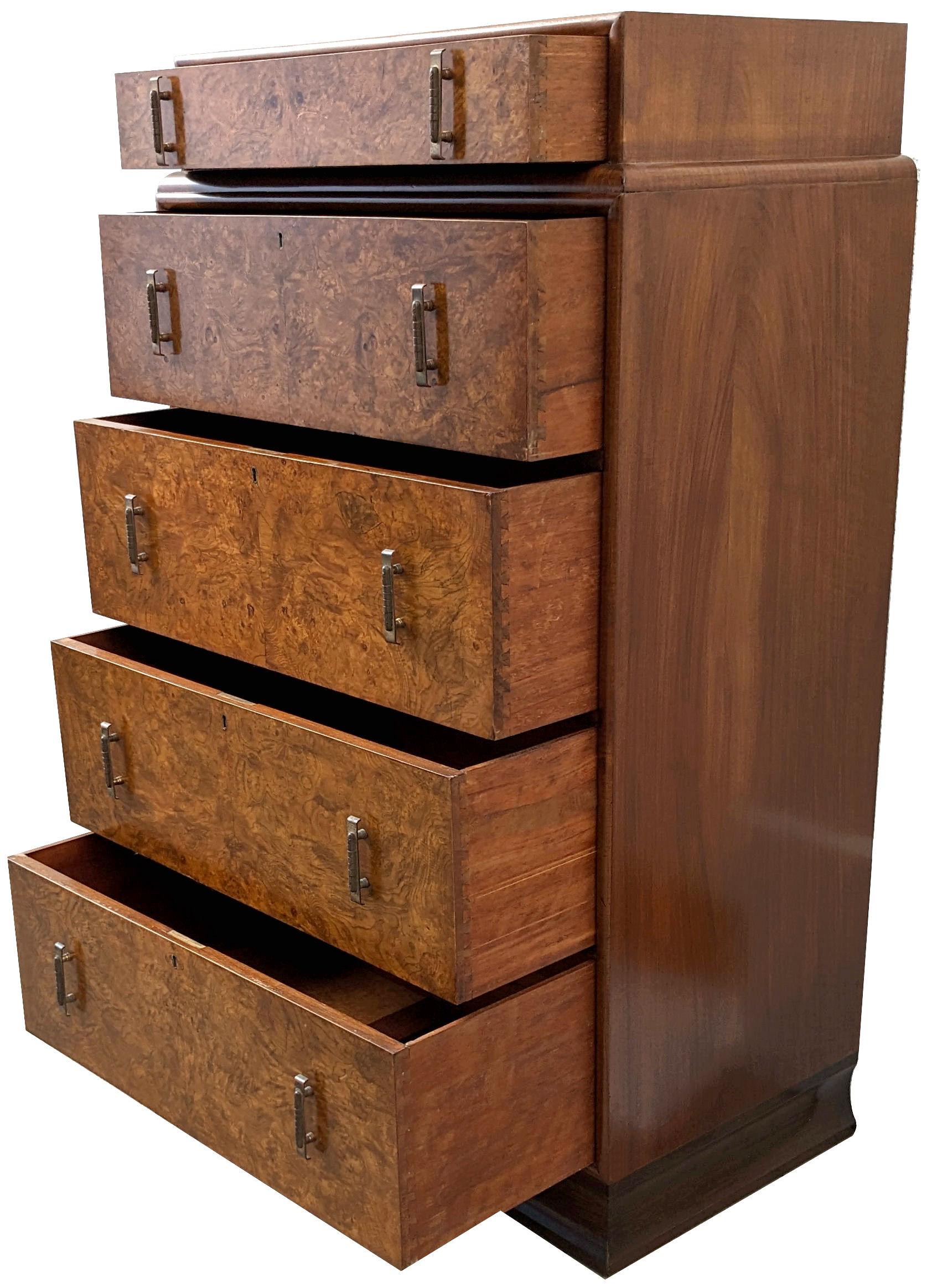 Chrome Art Deco Figured Walnut Chest of Five Drawers, English, C1930's For Sale