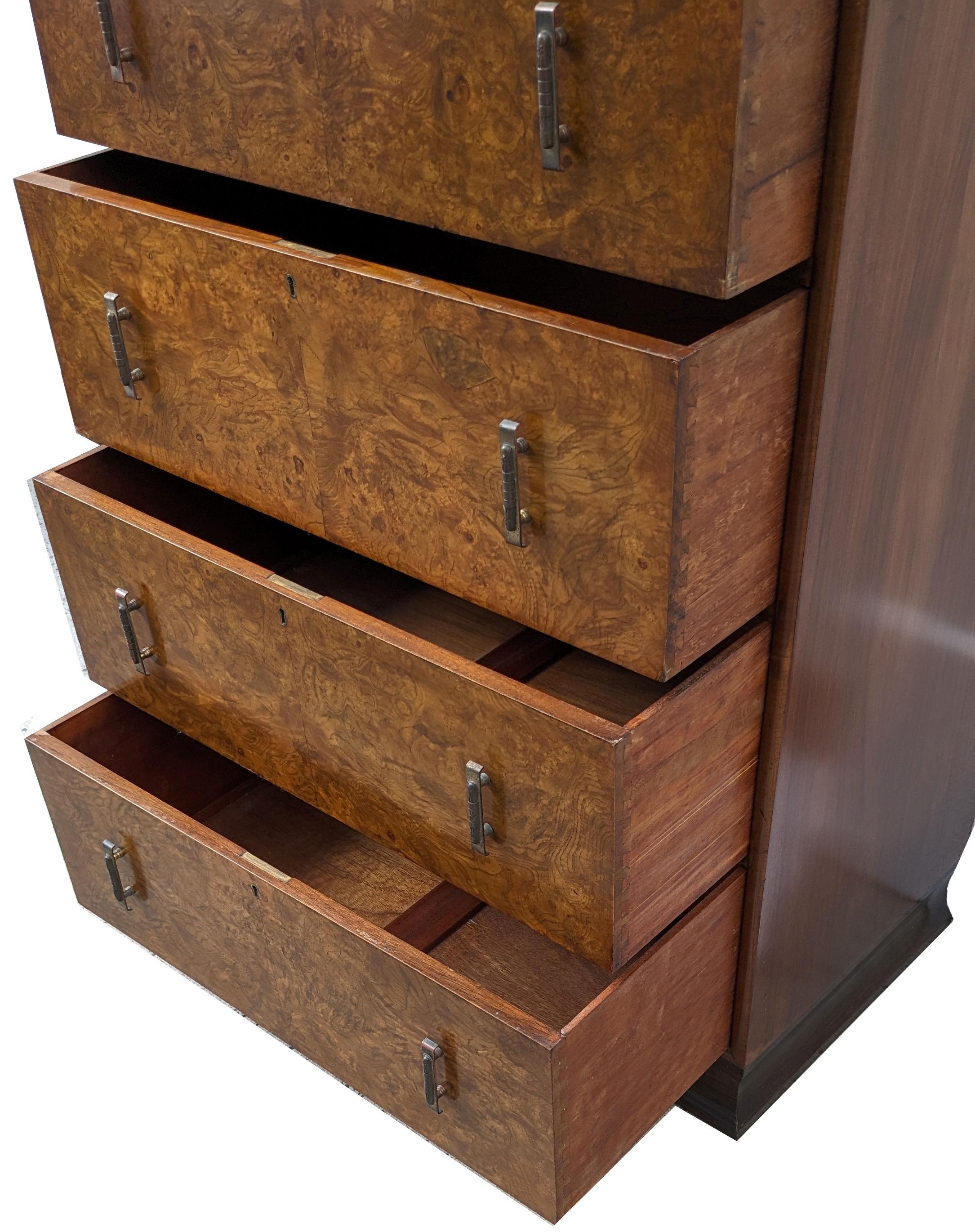 Art Deco Figured Walnut Chest of Five Drawers, English, C1930's For Sale 1