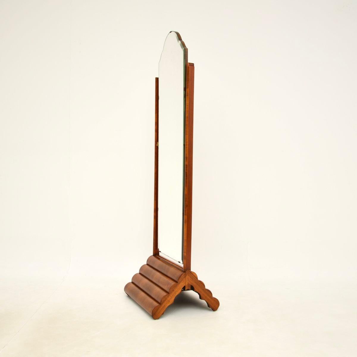 British Art Deco Figured Walnut Cheval Floor Mirror