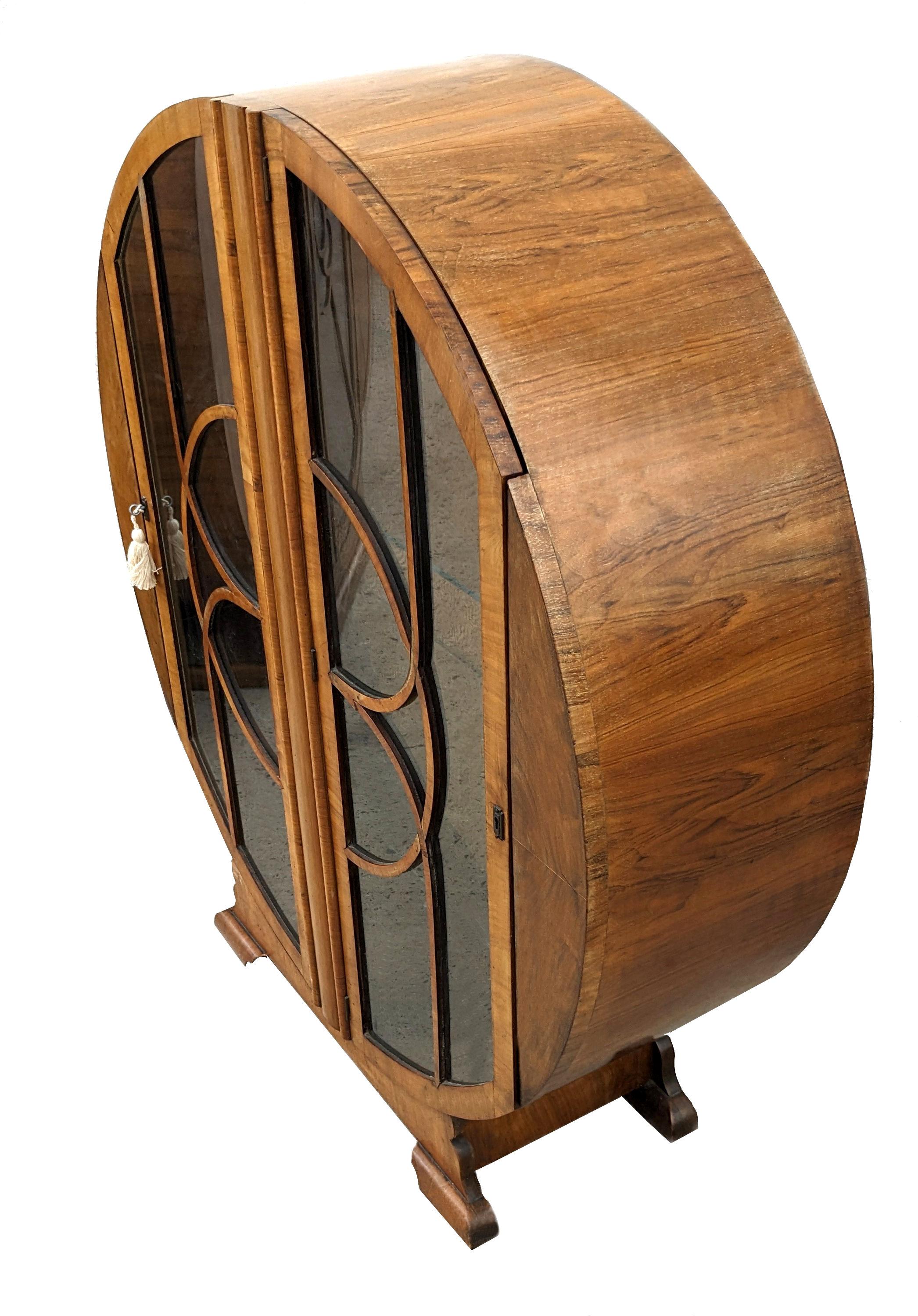 English Art Deco Figured Walnut Circular Display Cabinet, c1930 For Sale