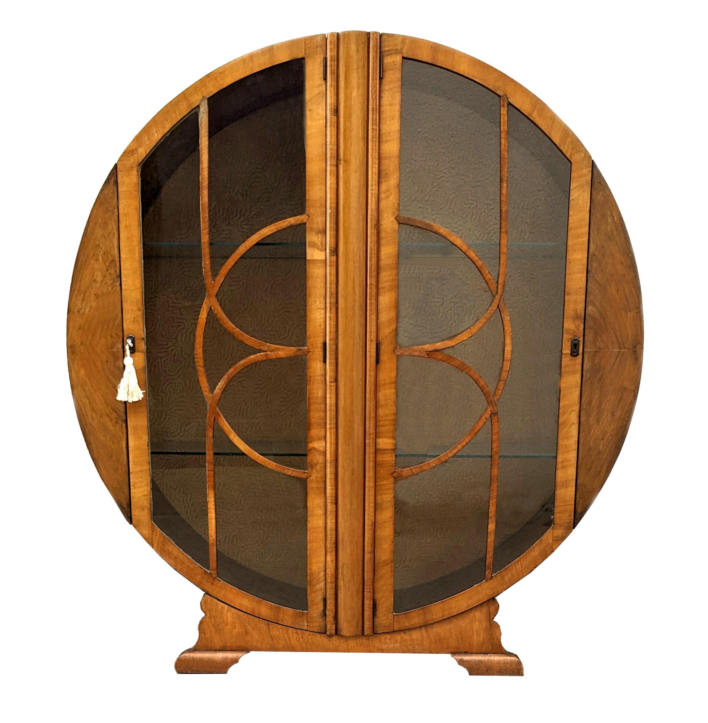 20th Century Art Deco Figured Walnut Circular Display Cabinet, c1930 For Sale