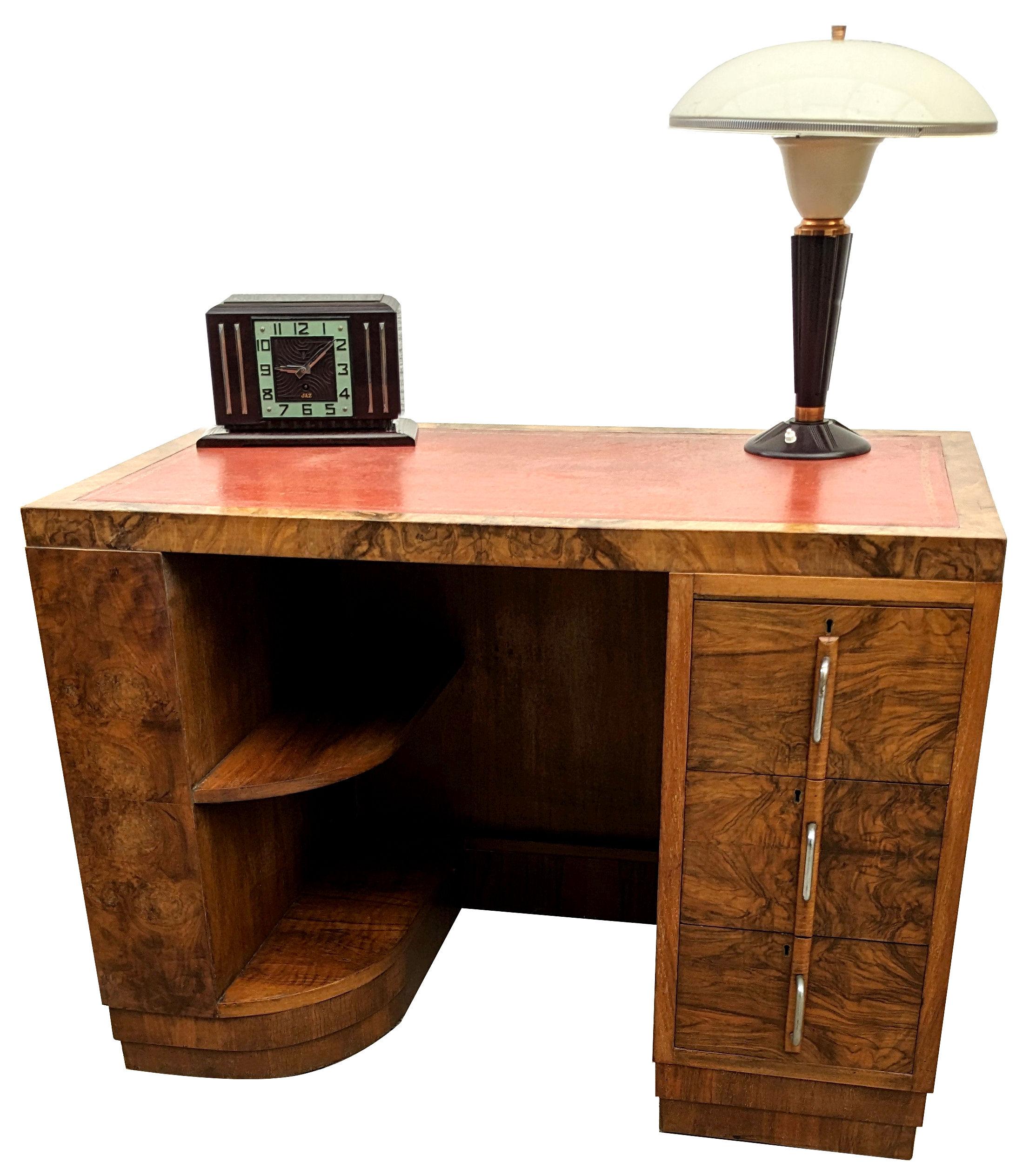 Leather Art Deco Figured Walnut Desk, English, c1930 For Sale