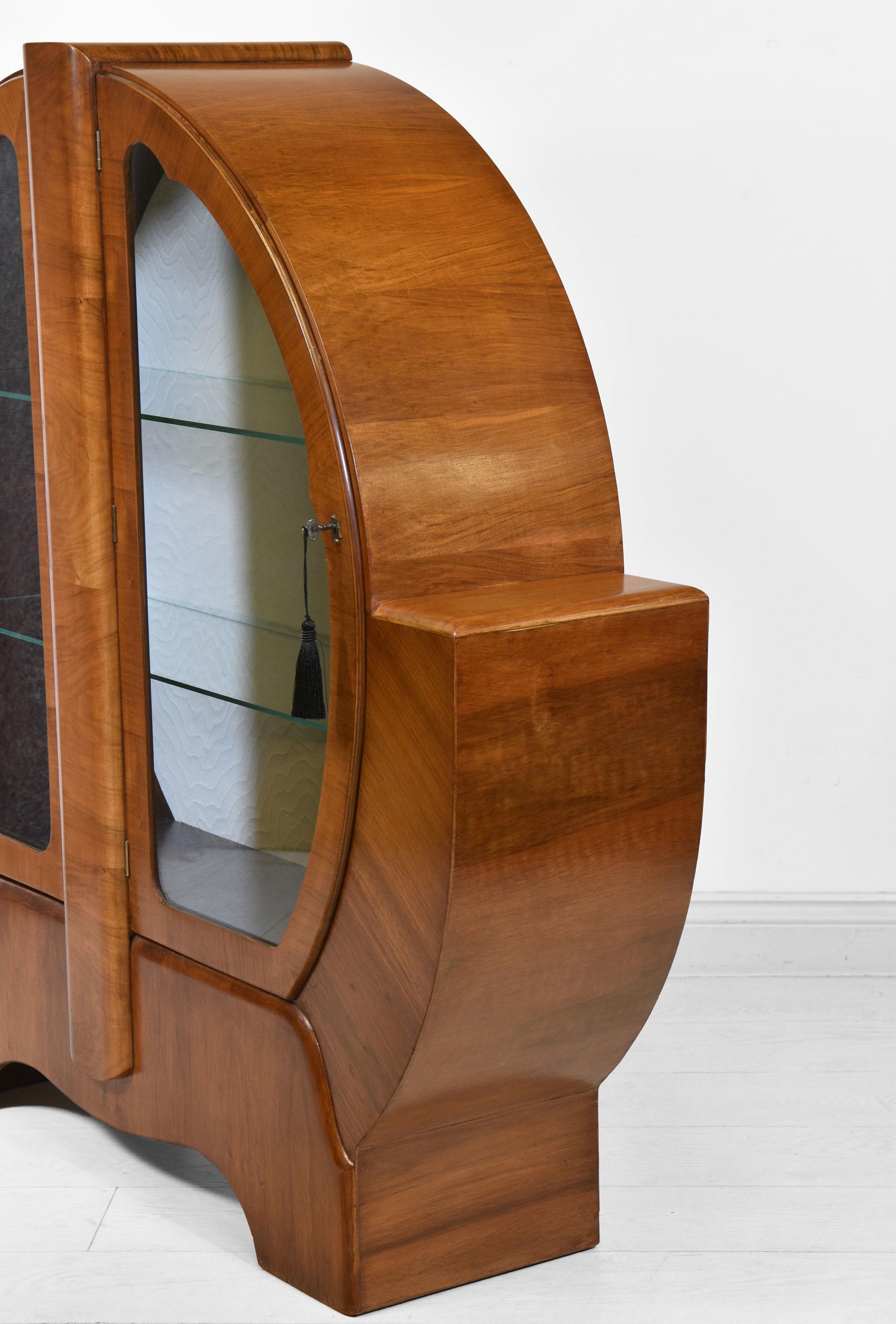 English Art Deco Figured Walnut Display Cabinet England 1930s