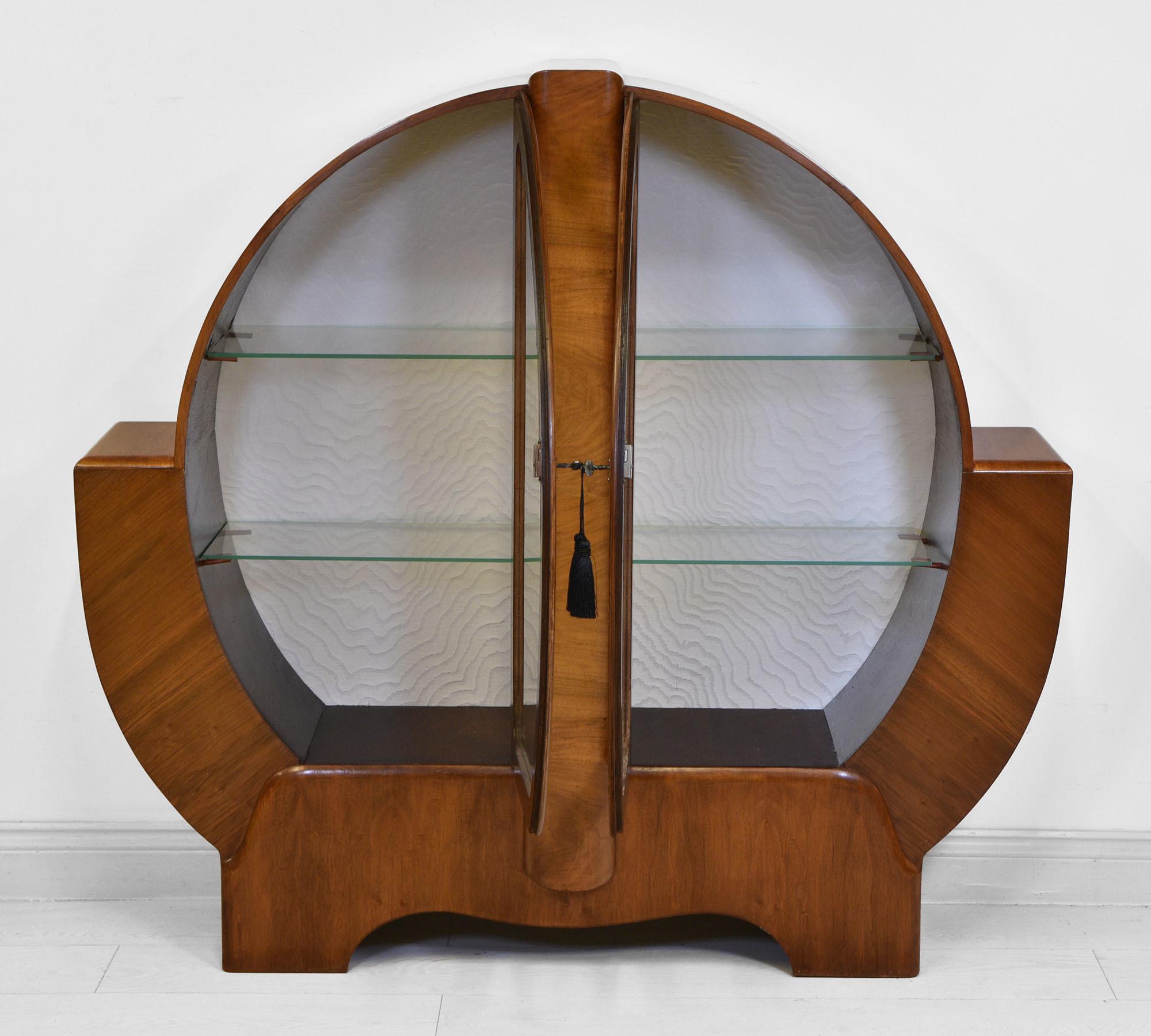 Mid-20th Century Art Deco Figured Walnut Display Cabinet England 1930s