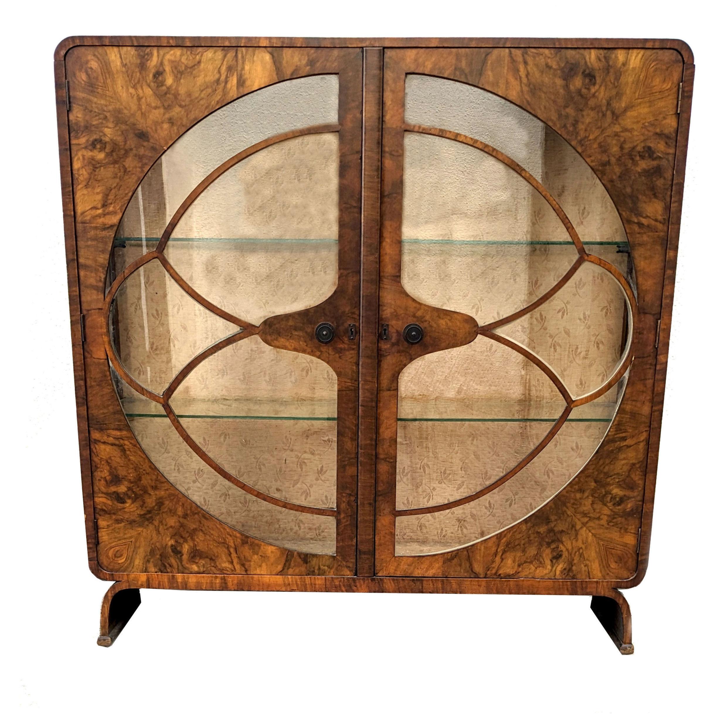 Glass Art Deco Figured Walnut Display Cabinet, English, c1930 For Sale