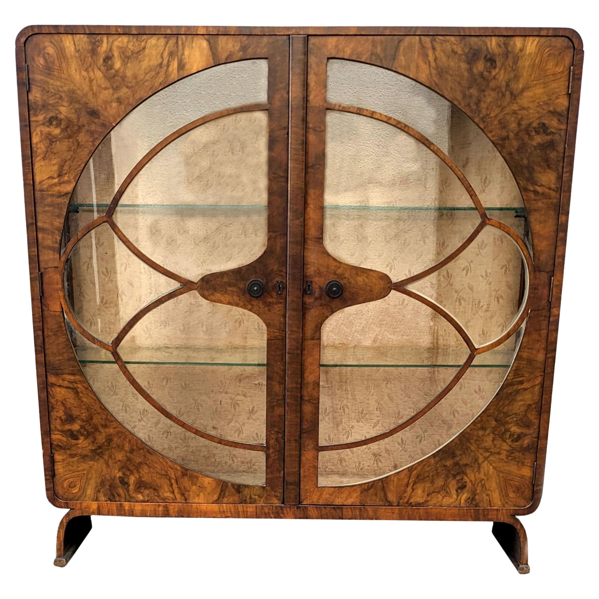 Art Deco Figured Walnut Display Cabinet, English, c1930