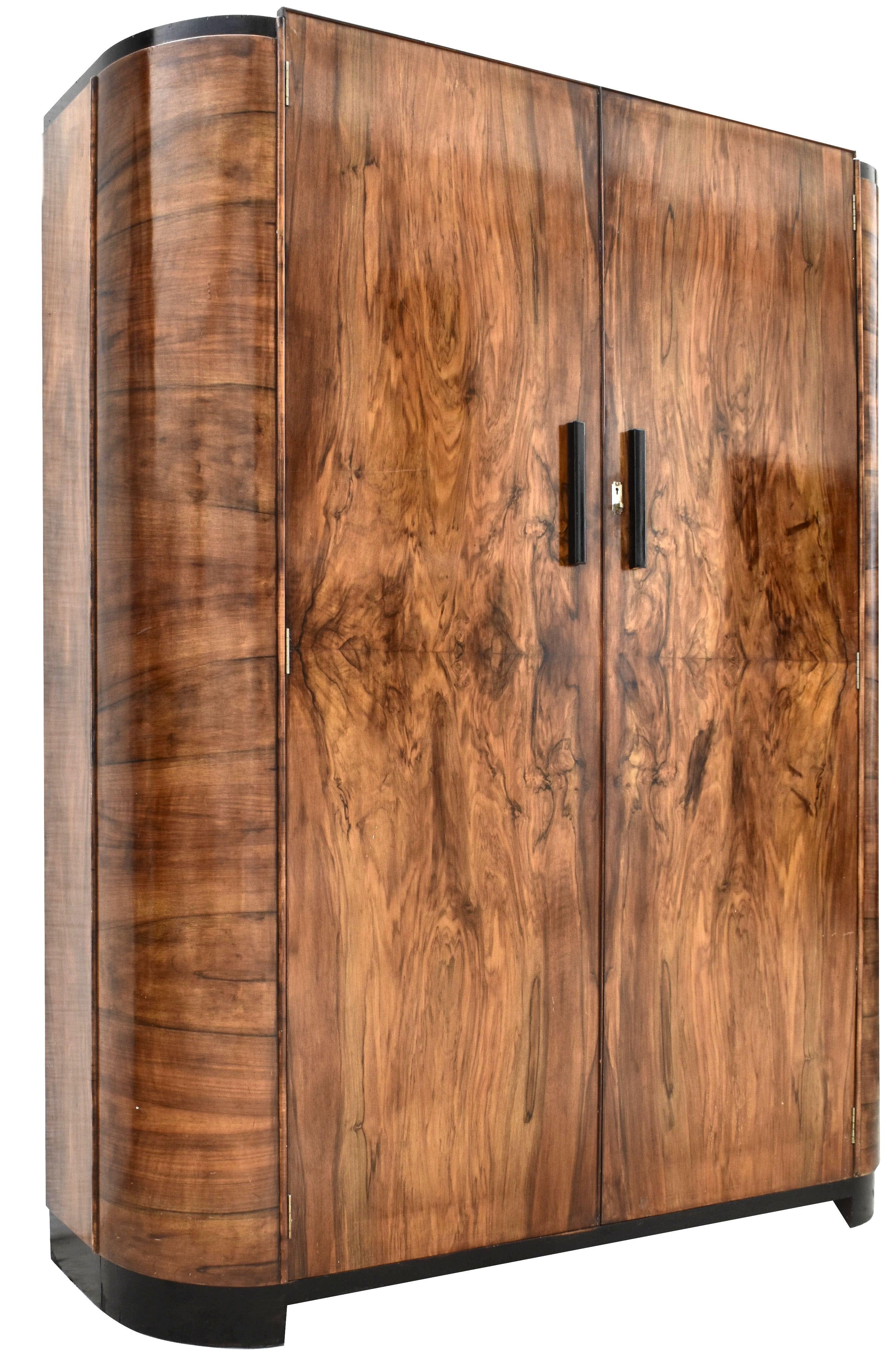 20th Century Art Deco Figured Walnut Double Wardrobe, English, c1930