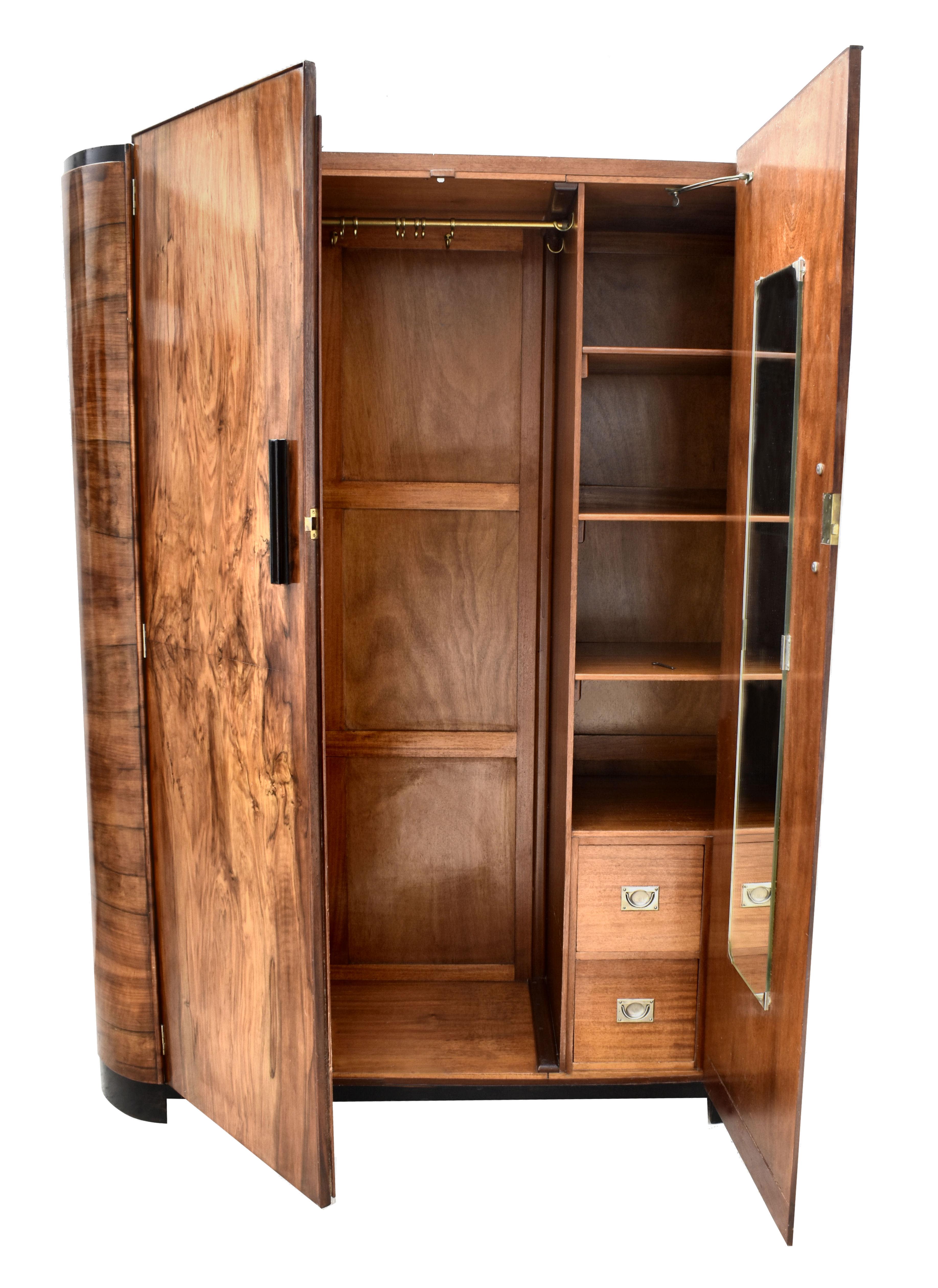 Art Deco Figured Walnut Double Wardrobe, English, c1930 3