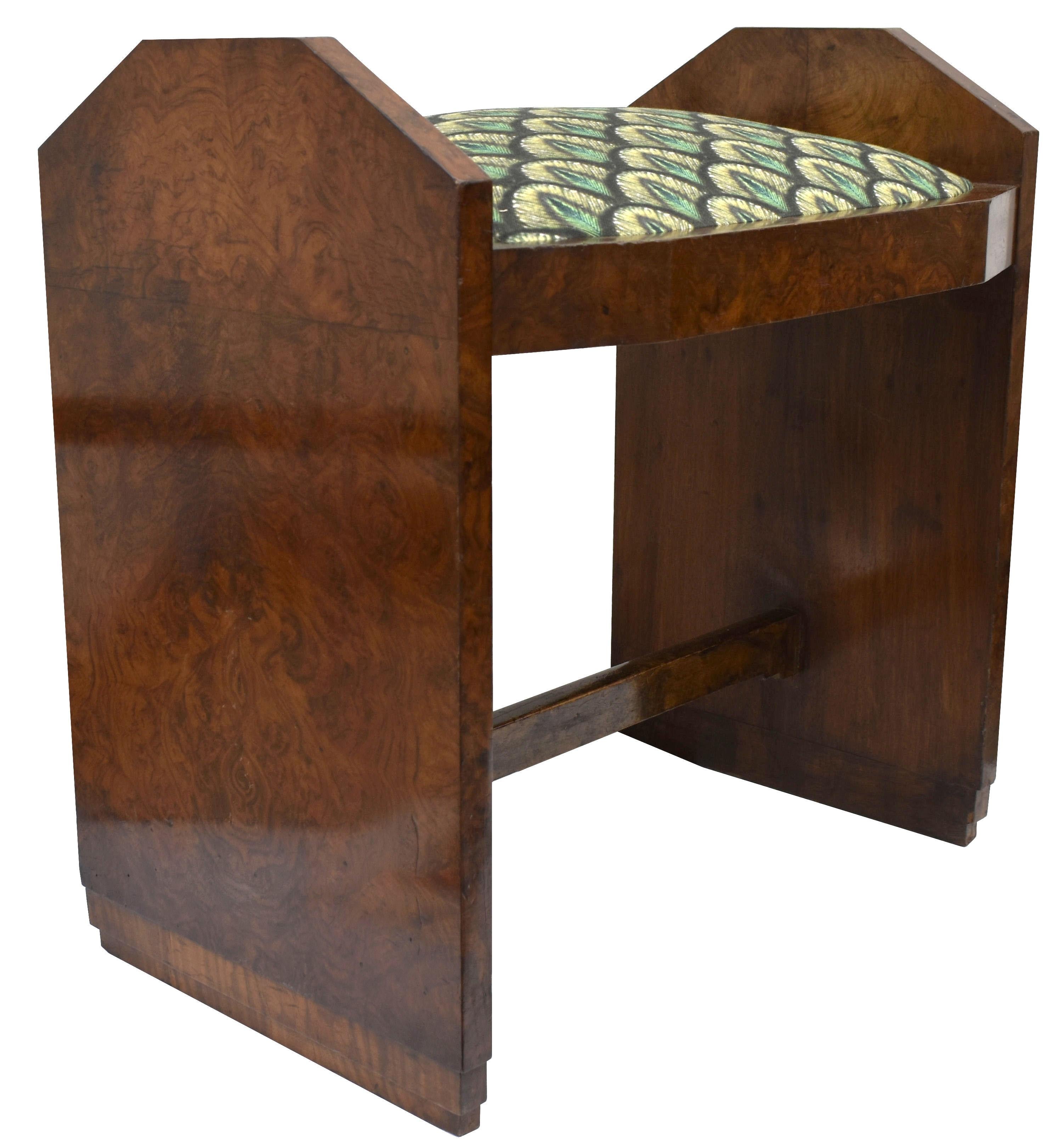 Art Deco Figured Walnut Dressing Table Stool, English, circa 1930 For Sale 1