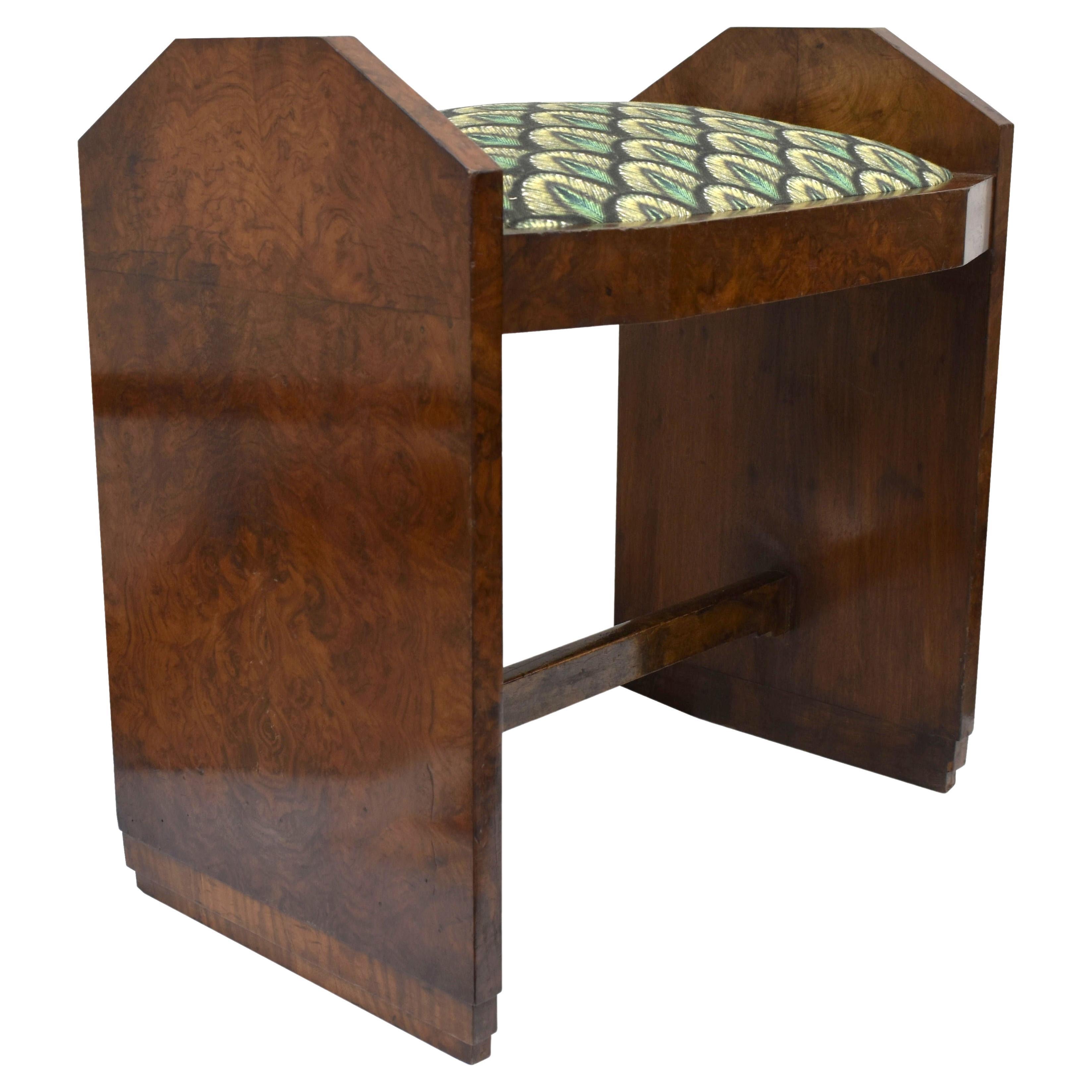 Tabouret de coiffeuse Art Déco en noyer figuré, anglais, vers 1930