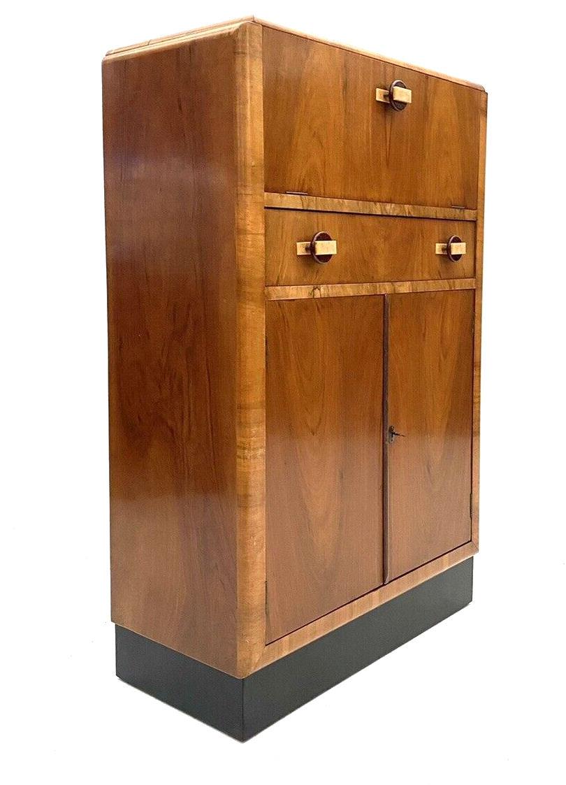 Mirror Art Deco Figured Walnut Dry Bar Cocktail Cabinet, English, c1930