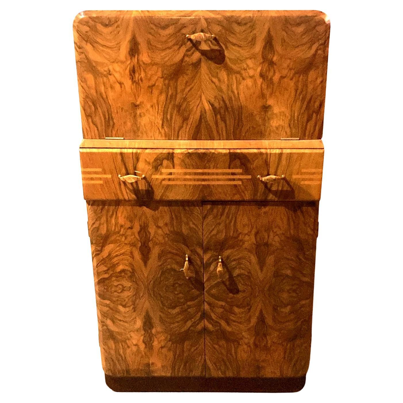 Art Deco Figured Walnut Dry Bar Cocktail Cabinet, English, c1930