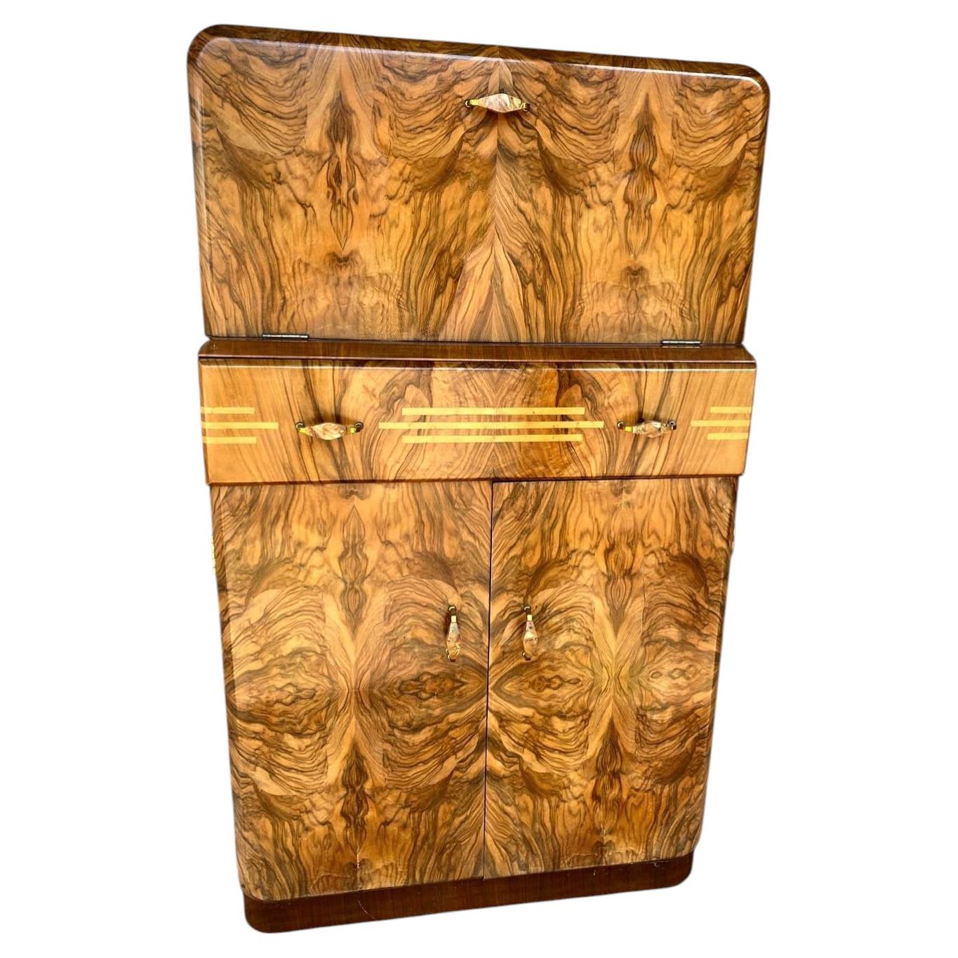 Art Deco Figured Walnut Dry Bar Cocktail Cabinet, English, c1930