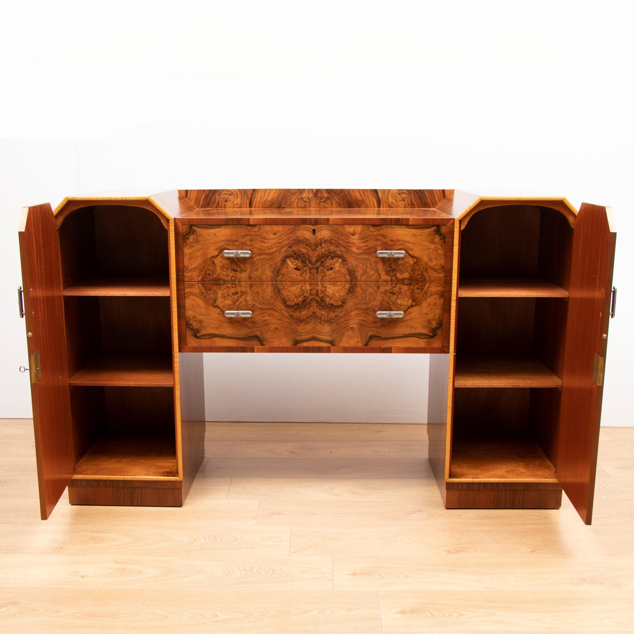British Art Deco Figured Walnut Sideboard by Warring and Gillows