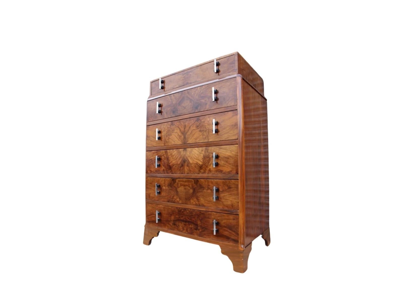 Early 20th Century Art Deco Figured Walnut Skyscraper Chest of Drawers