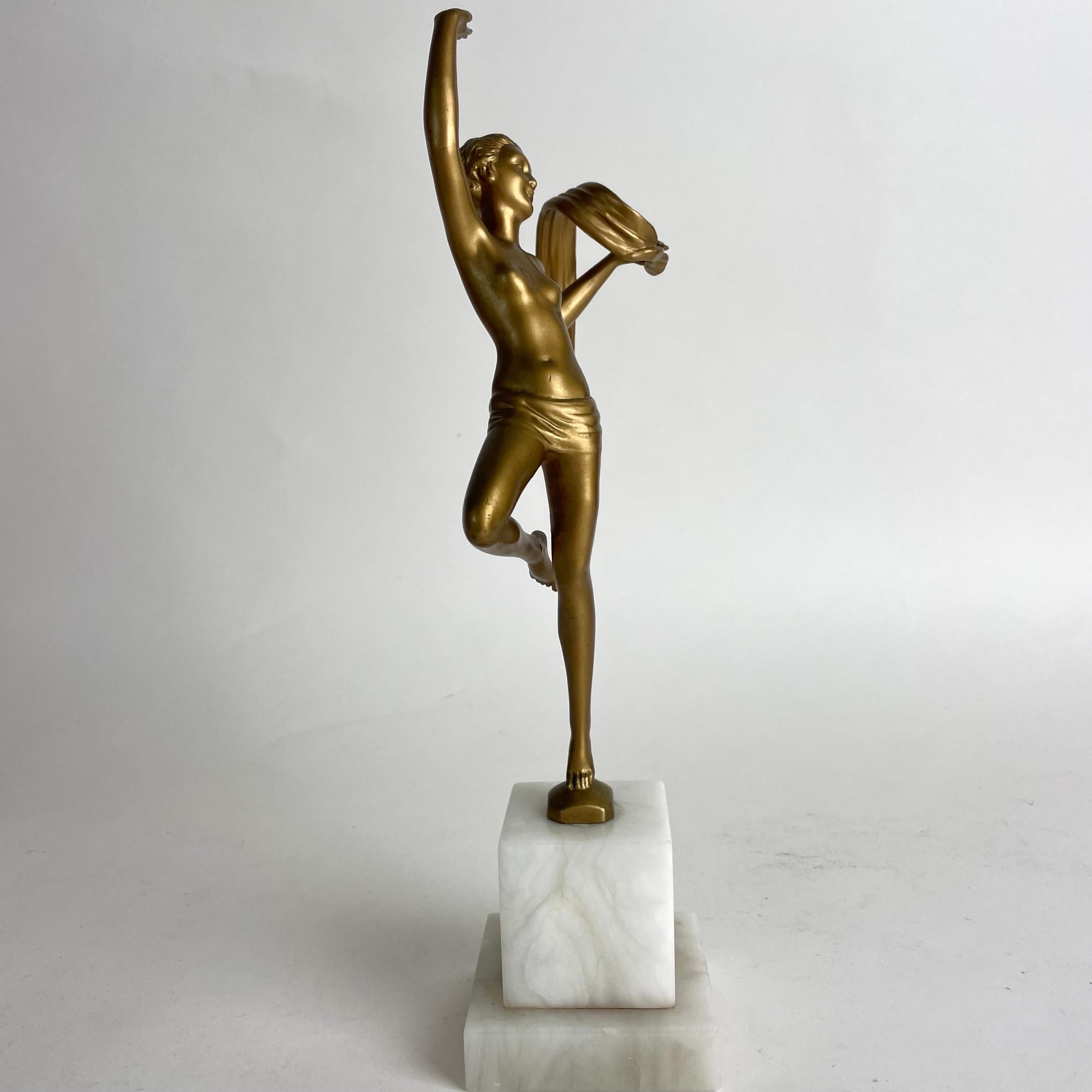 Europeo Statuetta Art Deco di giovane ballerina, metallo bronzato e marmo, anni '20-'30 in vendita