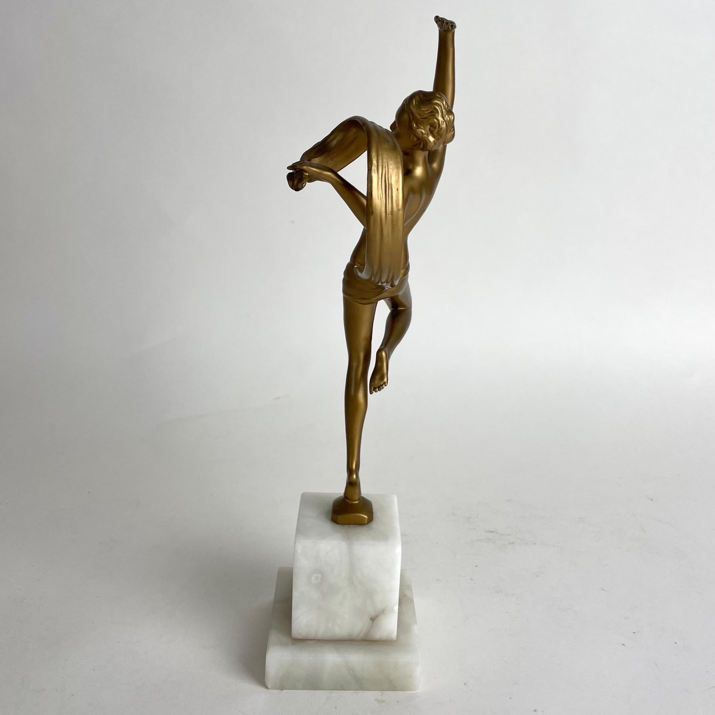 Bronzato Statuetta Art Deco di giovane ballerina, metallo bronzato e marmo, anni '20-'30 in vendita
