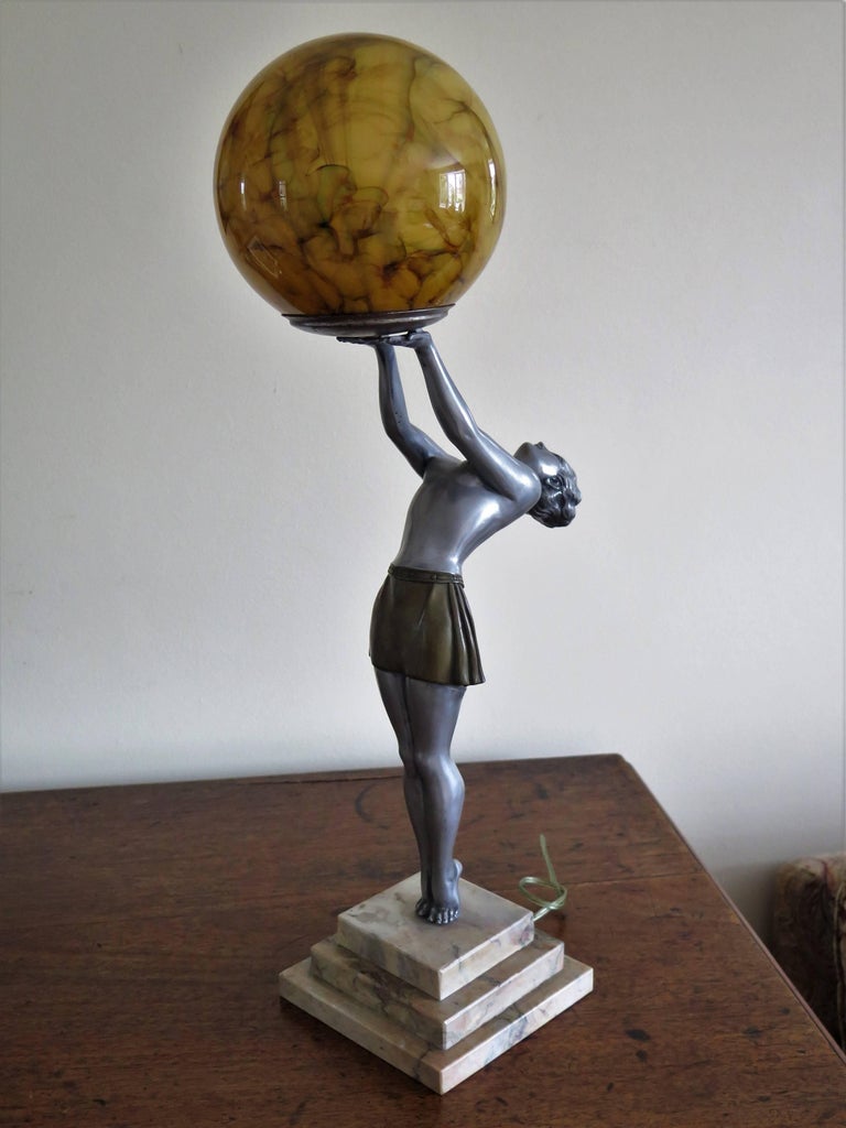 Art Deco Figurine Table Lamp after Max Le Verrier Silvered Metal, Circa