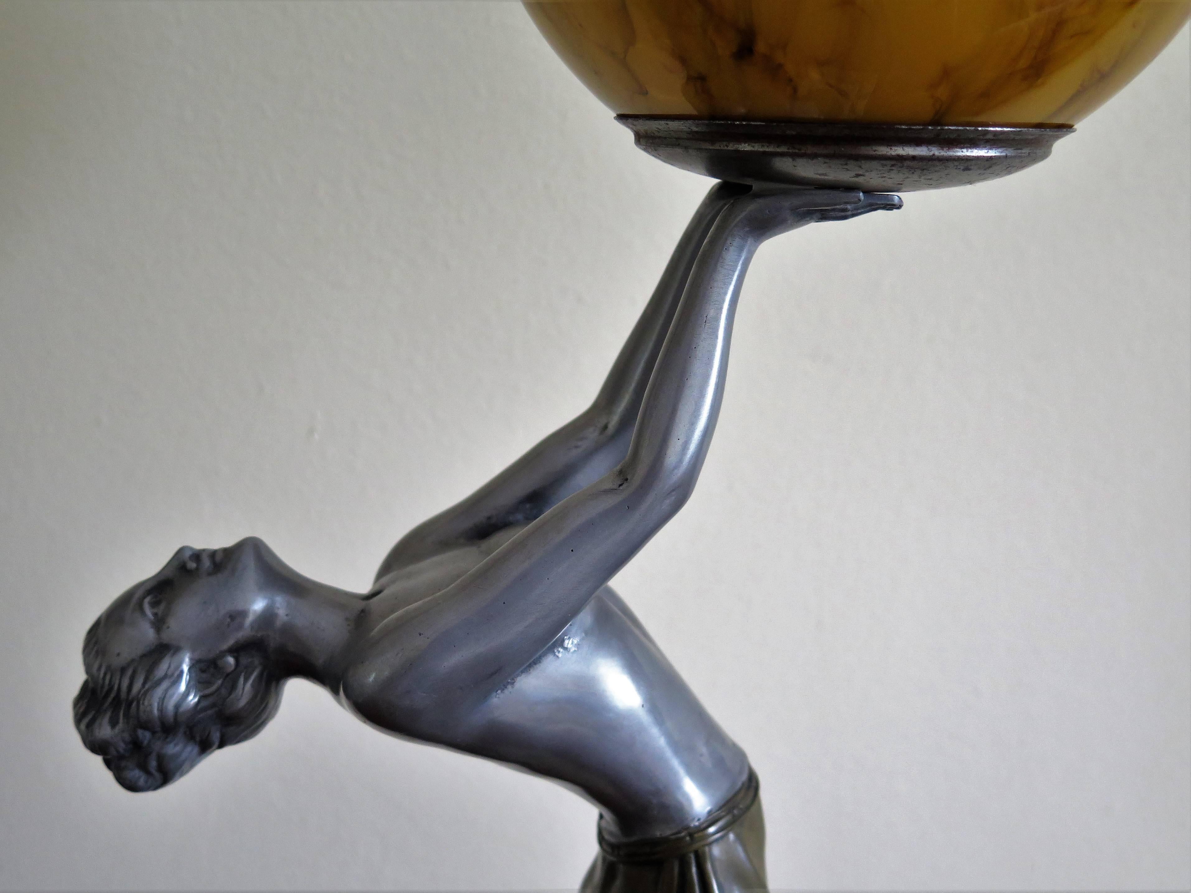 Cast Art Deco Figurine Table Lamp after Max Le Verrier Silvered Metal, Circa 1930