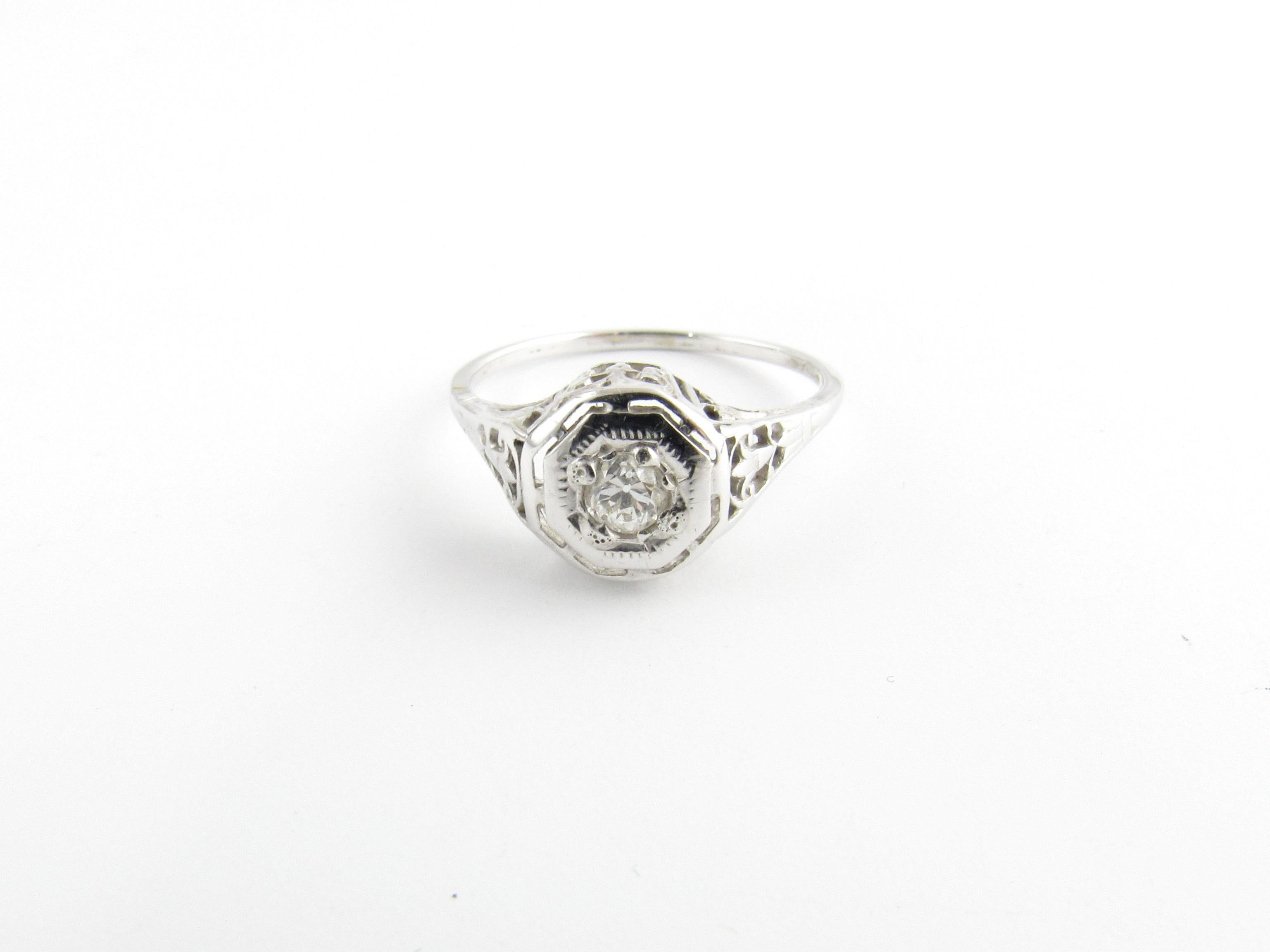 Women's or Men's Art Deco Filagree 18K White Gold .25ct Diamond Solitaire Ring For Sale