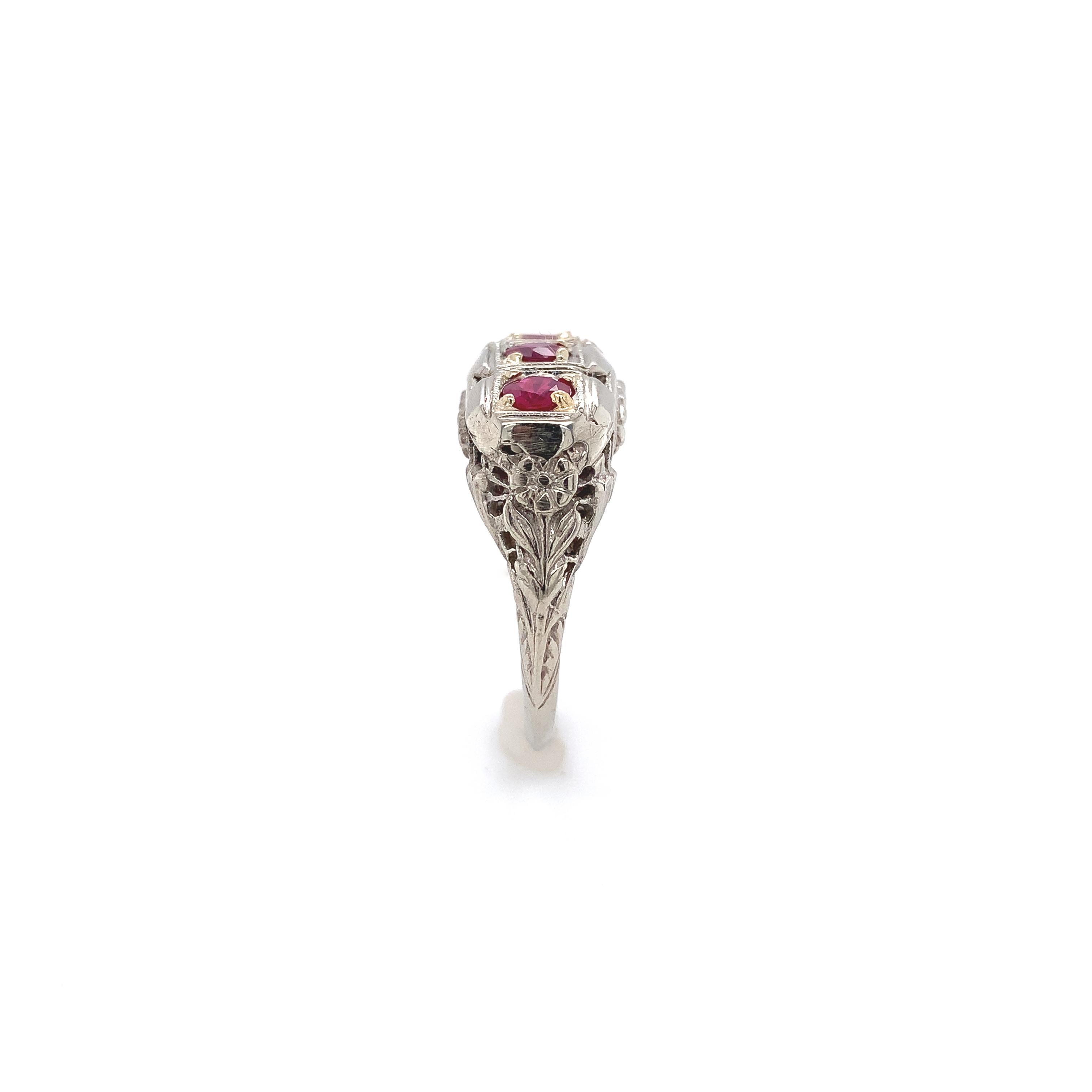 Round Cut Art Deco Filigree 14K Gold Three Stone .80ct tw Ruby Ring For Sale