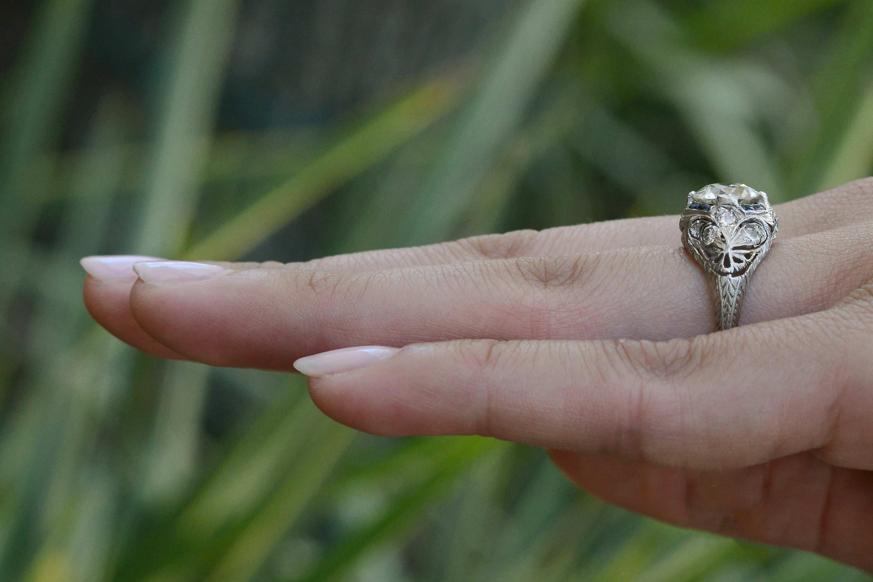 Bague de fiançailles Art déco en filigrane avec diamant européen ancien de 2.27 carats Bon état - En vente à Santa Barbara, CA