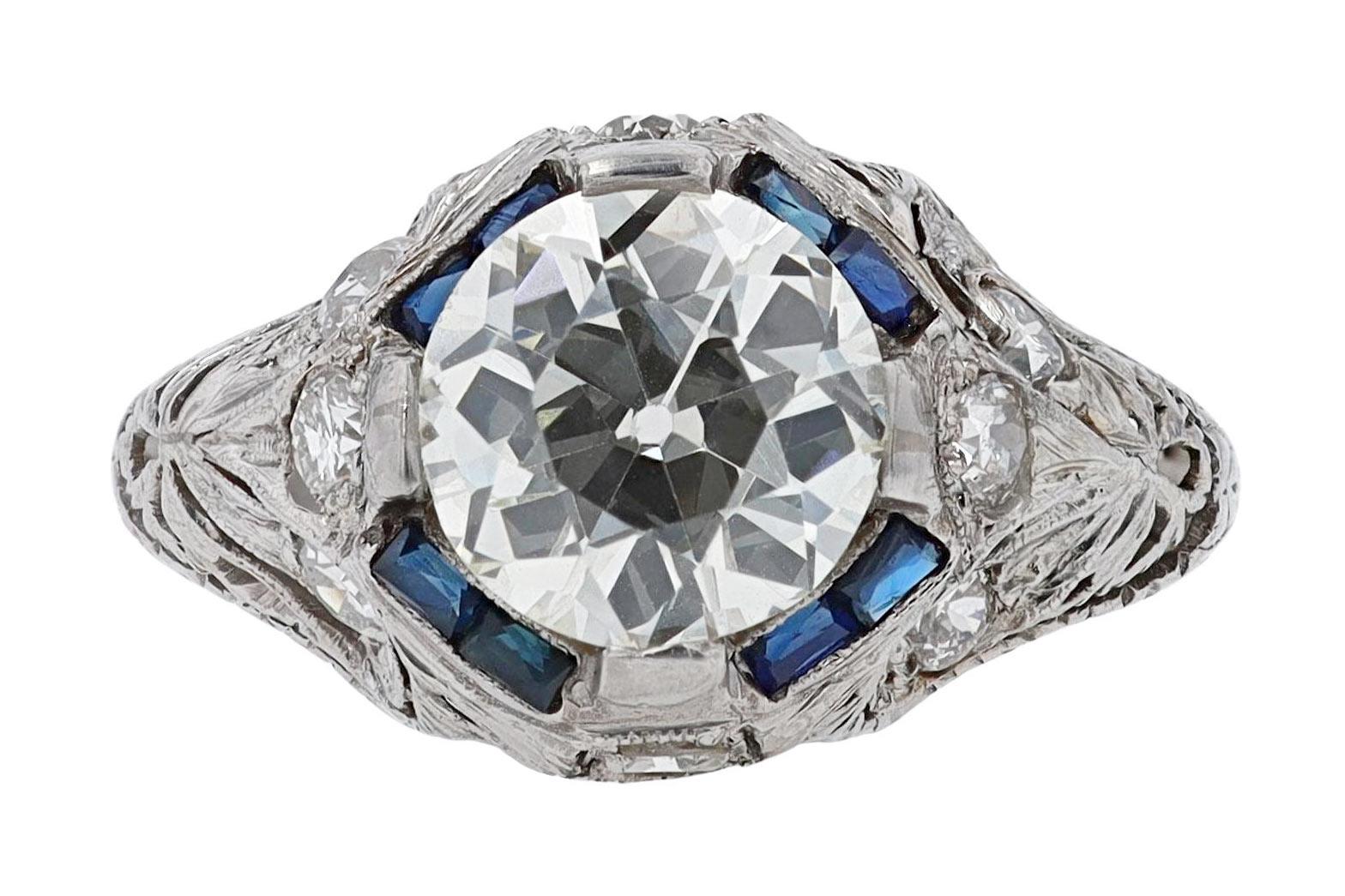 Art Deco Filigree 2.27 Carat Old European Diamond Engagement Ring For Sale