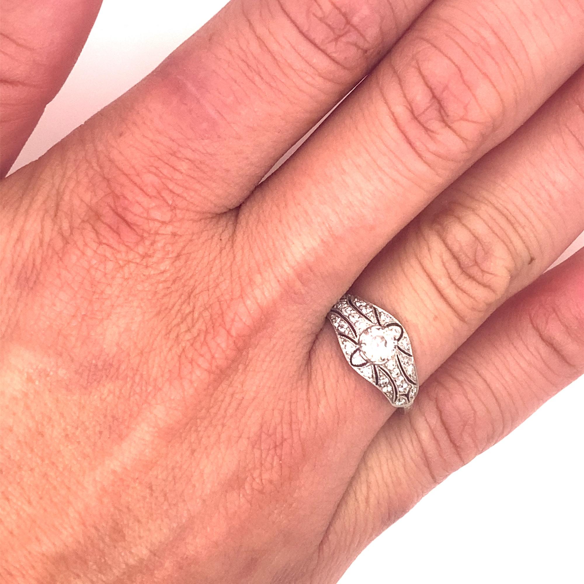 Women's Art Deco Style Filigree .38 Old Mine Cut Diamonds Platinum Ring For Sale