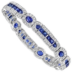 Art Deco Filigree Blue Sapphire White Round Diamond Halo Gold Bracelet
