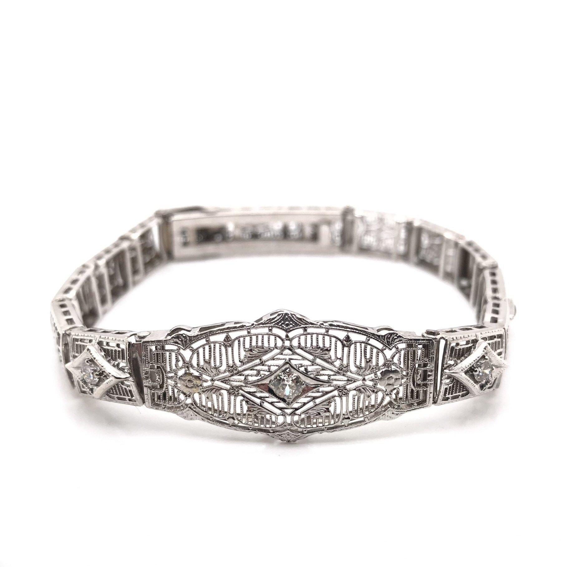 Round Cut Art Deco Filigree Bracelet 14K White Gold