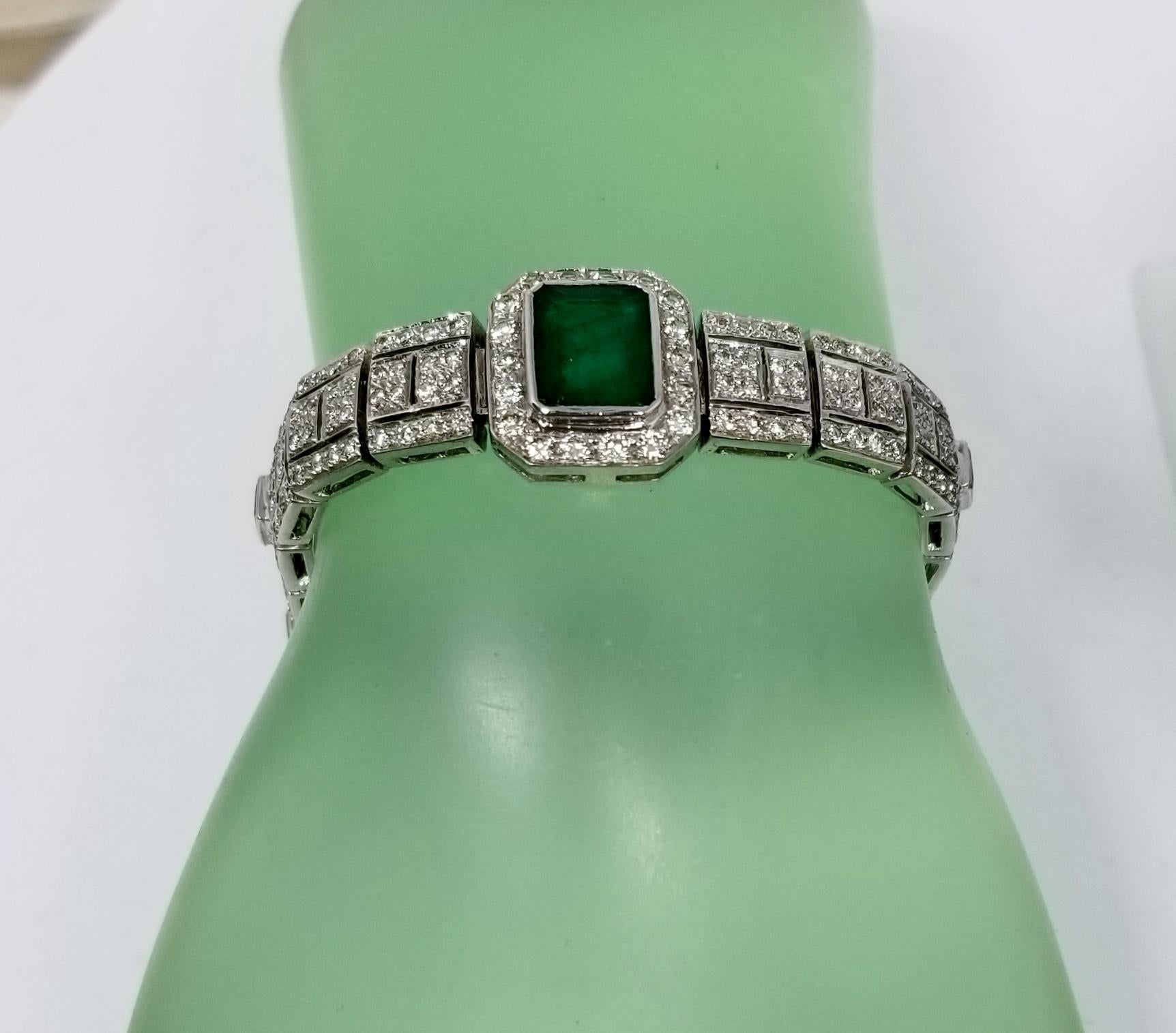 Art Deco Style Bracelet in 18 Karat Gold with Large Emerald Center & Diamonds 2