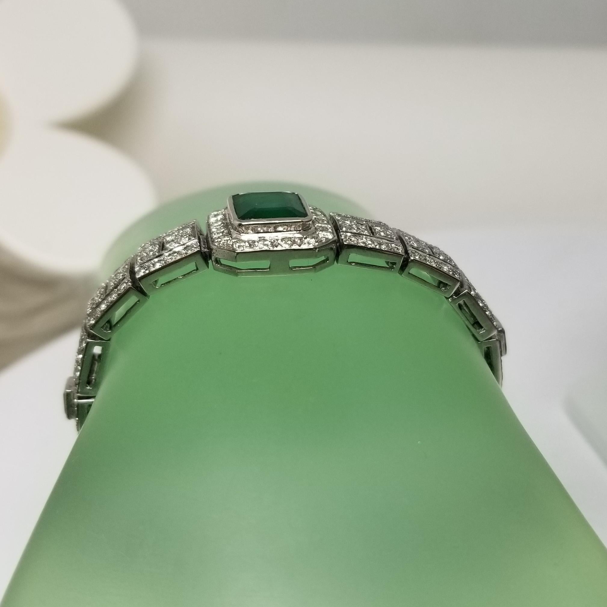 Art Deco Style Bracelet in 18 Karat Gold with Large Emerald Center & Diamonds 3