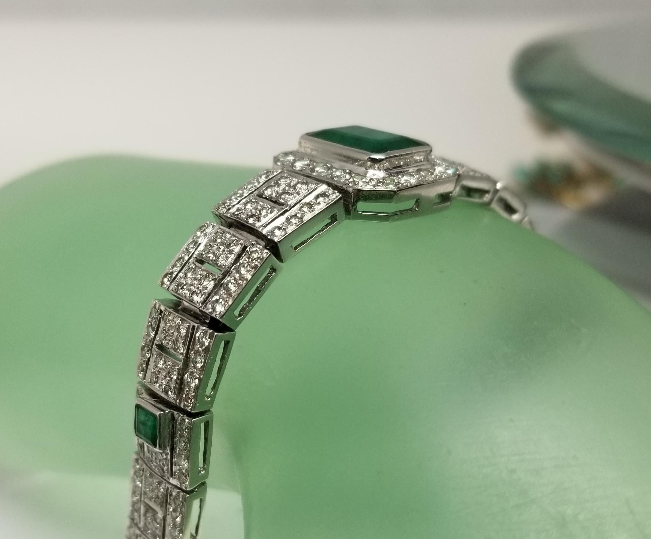 Art Deco Style Bracelet in 18 Karat Gold with Large Emerald Center & Diamonds 4