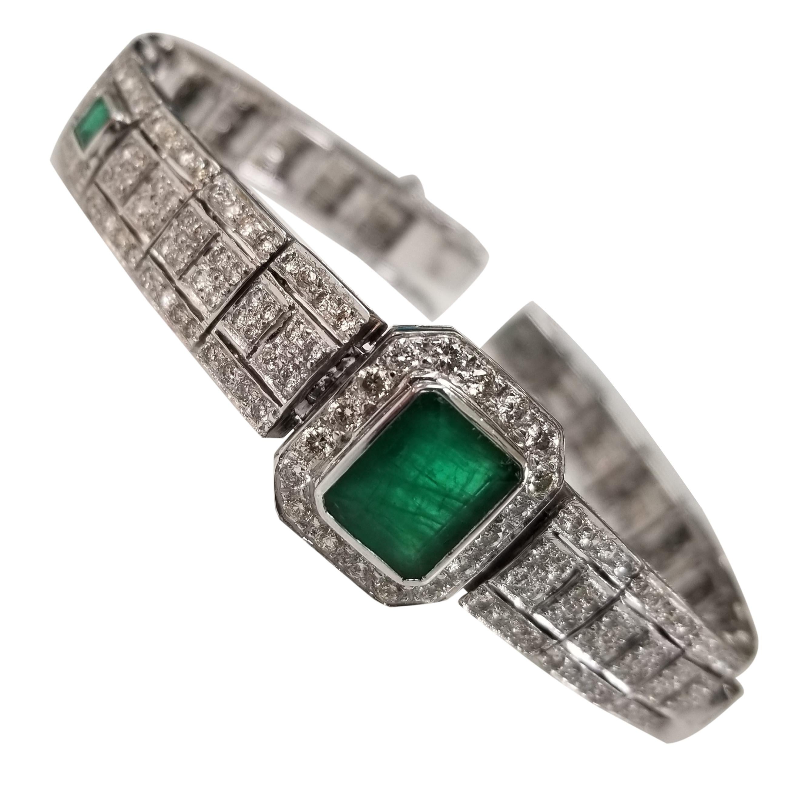 Art Deco Style Bracelet in 18 Karat Gold with Large Emerald Center & Diamonds