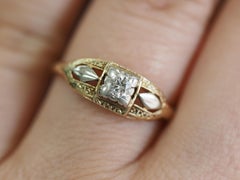 Art Deco Filigree Carved 14 Karat Two-Tone Gold Solitary Diamond Ring