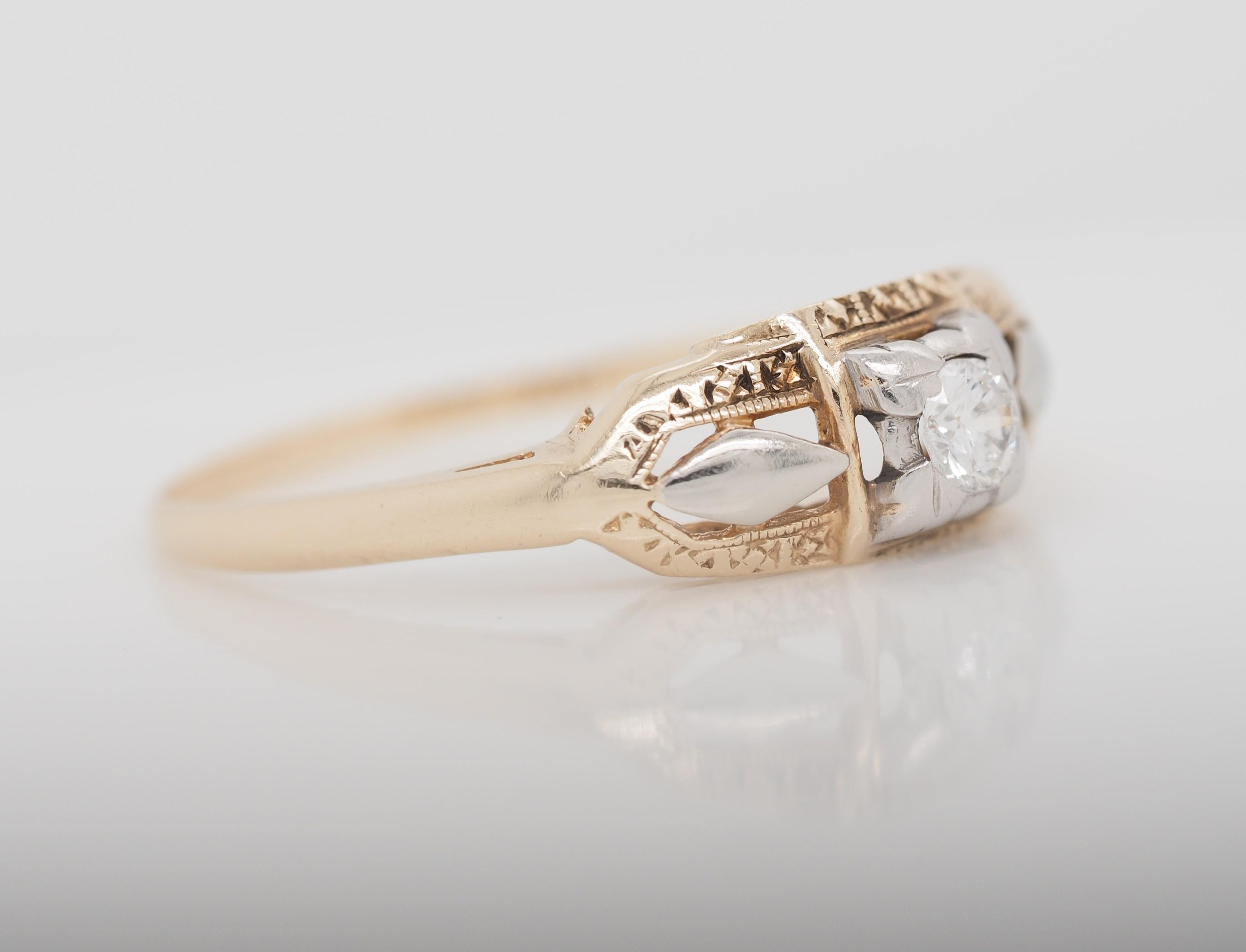 Art Deco Filigree Carved 14 Karat Two-Tone Gold Solitary Diamond Ring 1