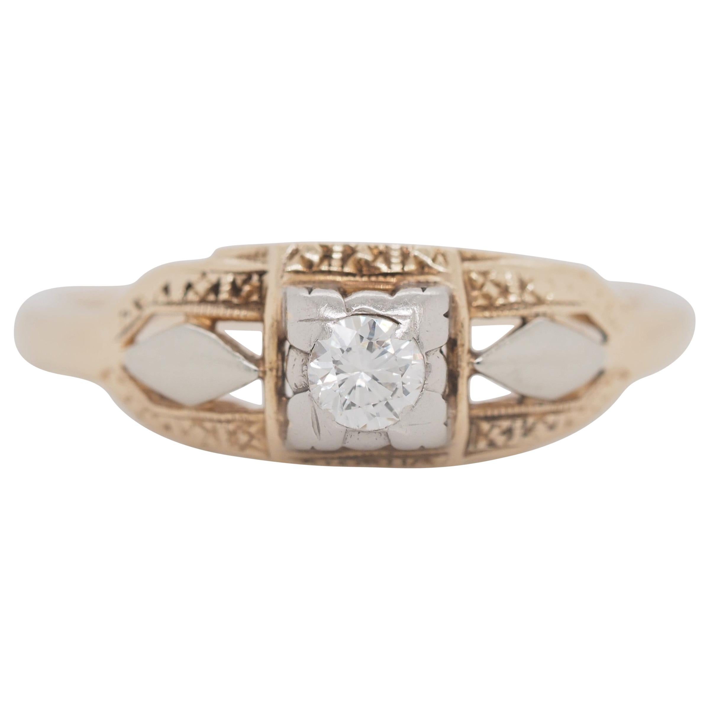 Art Deco Filigree Carved 14 Karat Two-Tone Gold Solitary Diamond Ring