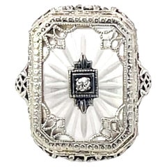 Art Deco Filigree Carved Rock Crystal Diamond Ring in 14k White Gold