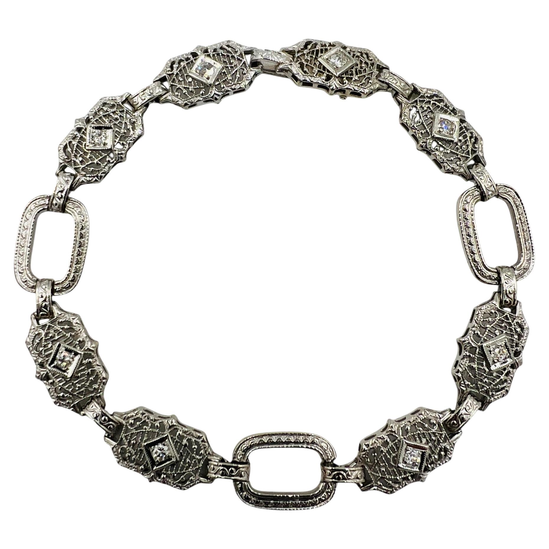 Art Deco Filigree Diamond 14k White Gold Platinum Bracelet Circa 1930s