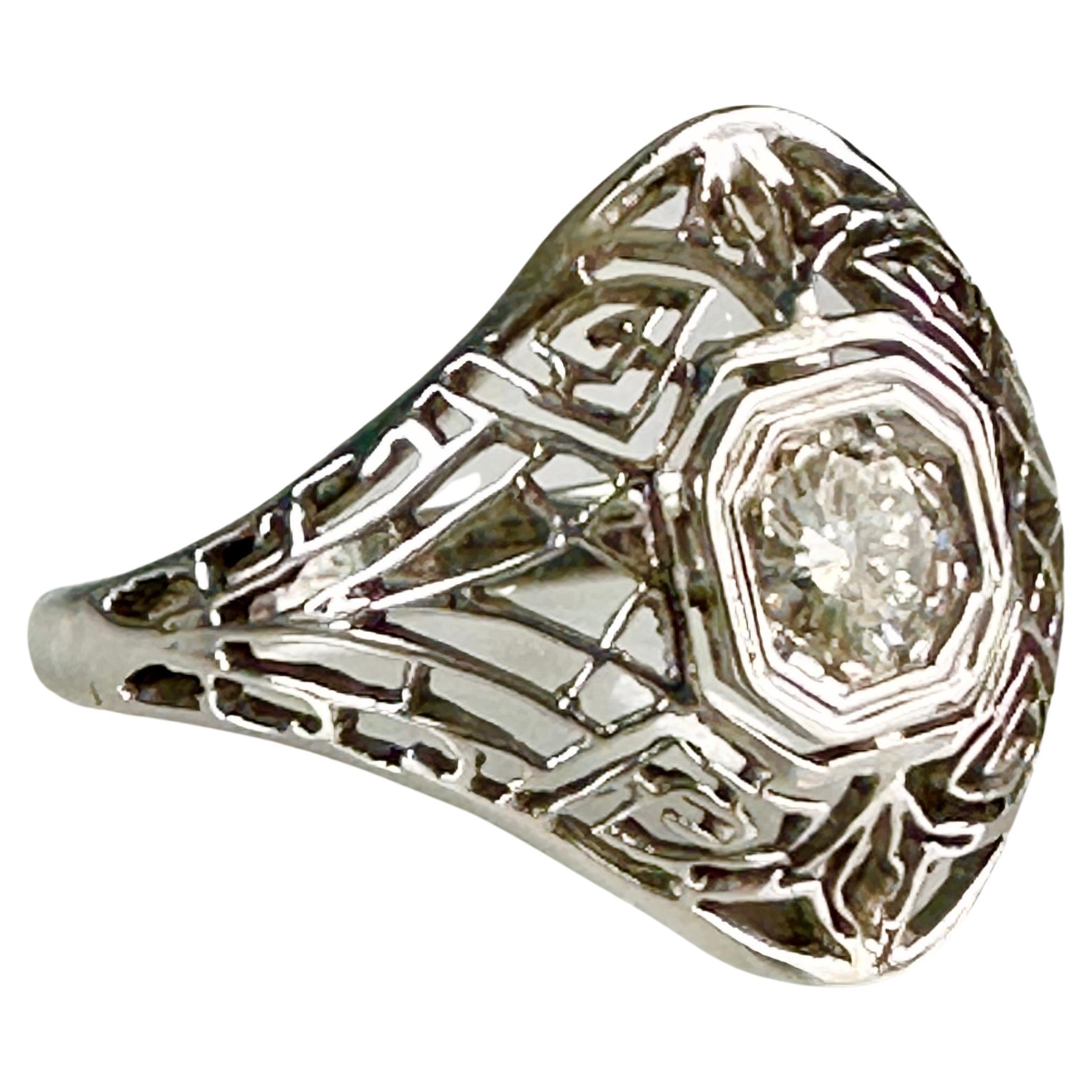 Art Deco Filigree Diamond 14k White Gold Ring For Sale