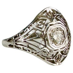 Antique Art Deco Filigree Diamond 14k White Gold Ring