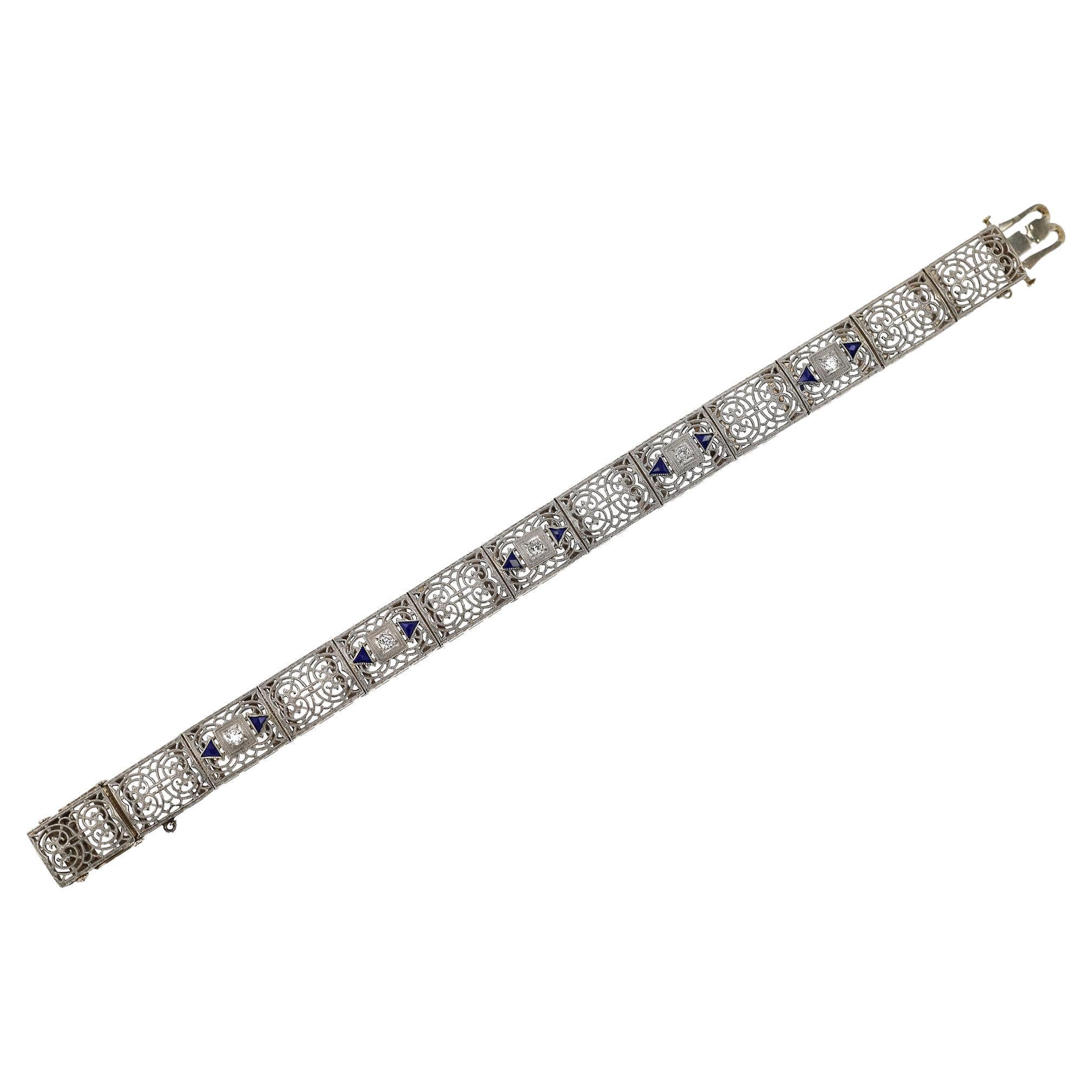 Art Deco Filigree Diamond and Synthetic Sapphire Bracelet