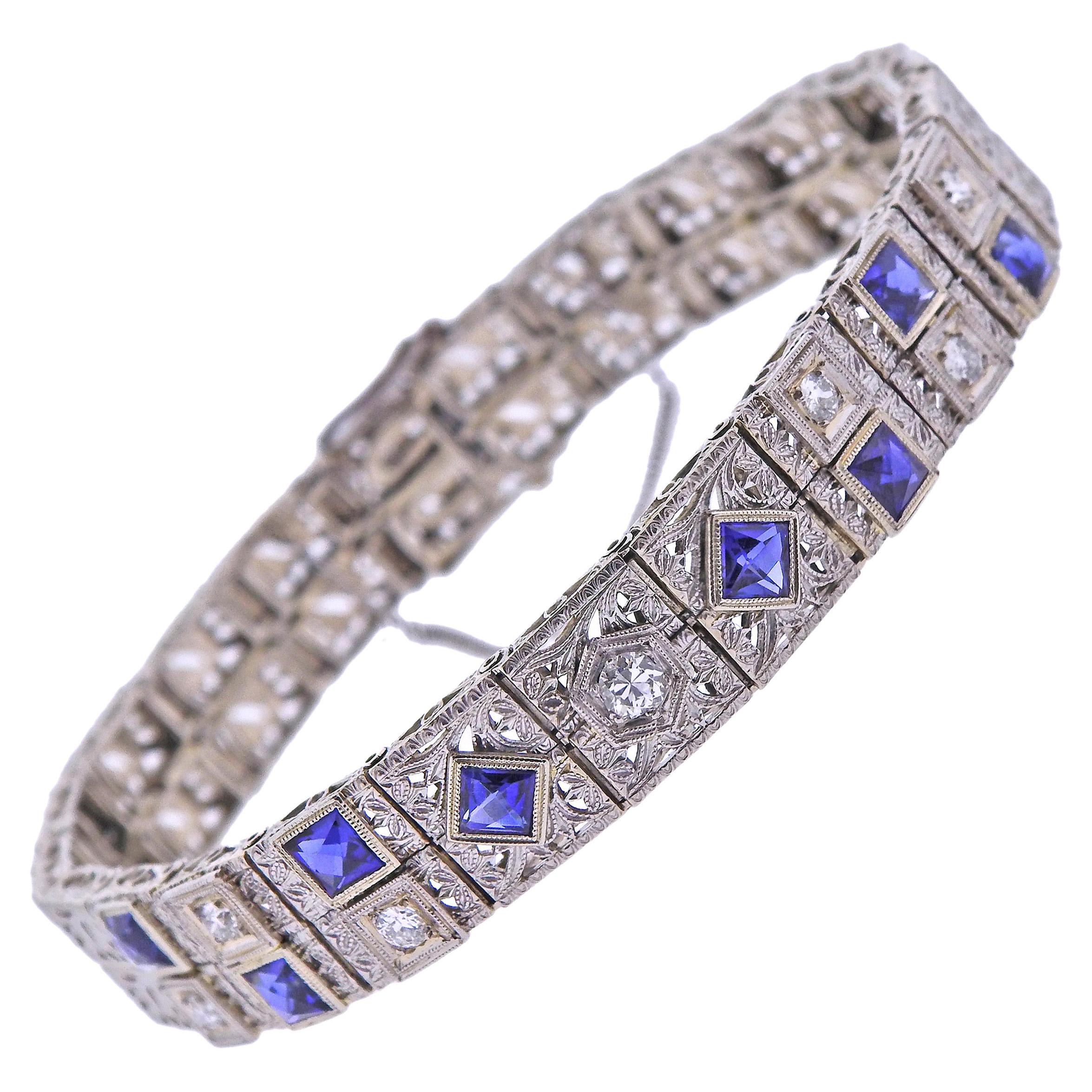 Art Deco Filigree Diamond Blue Gemstone Gold Bracelet For Sale