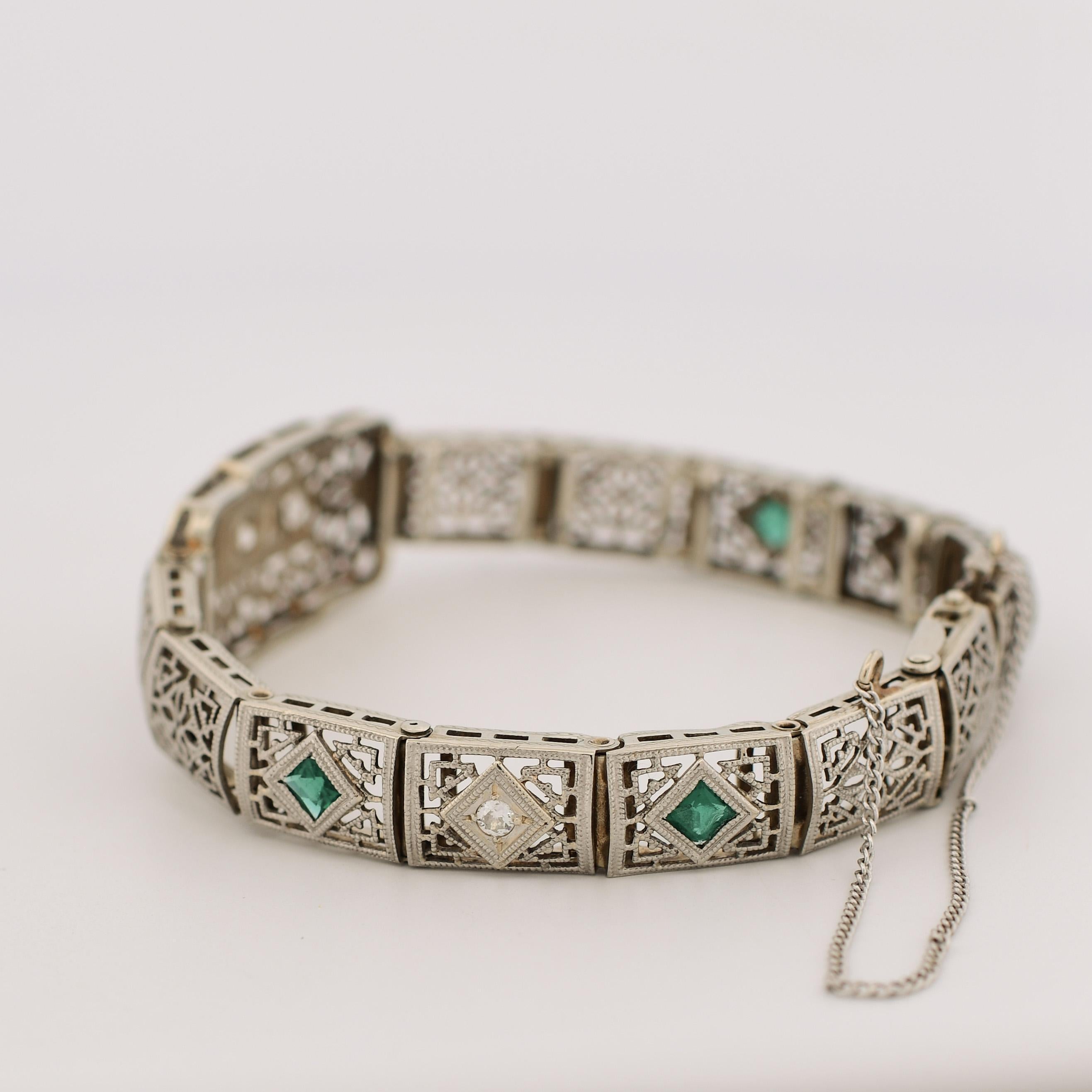 Brilliant Cut Art Deco Filigree Diamond & Emerald 14k White Gold Bracelet