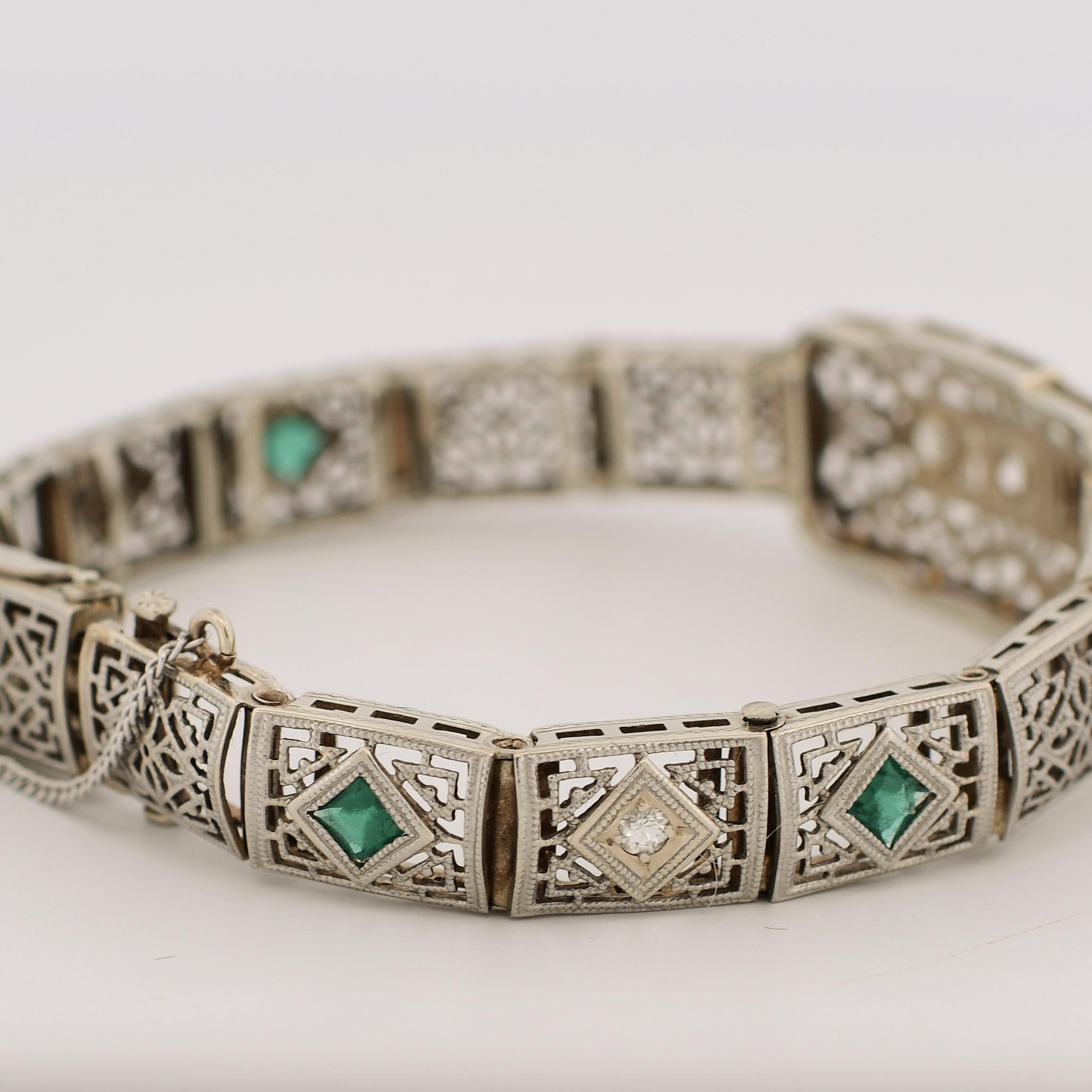 Women's Art Deco Filigree Diamond & Emerald 14k White Gold Bracelet