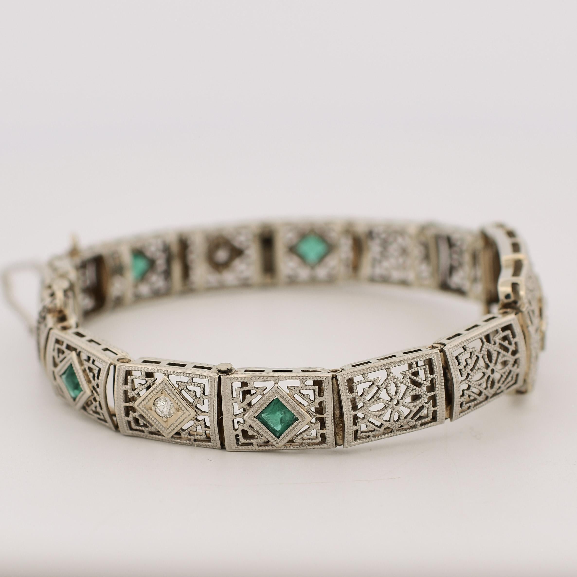 Art Deco Filigree Diamond & Emerald 14k White Gold Bracelet 1