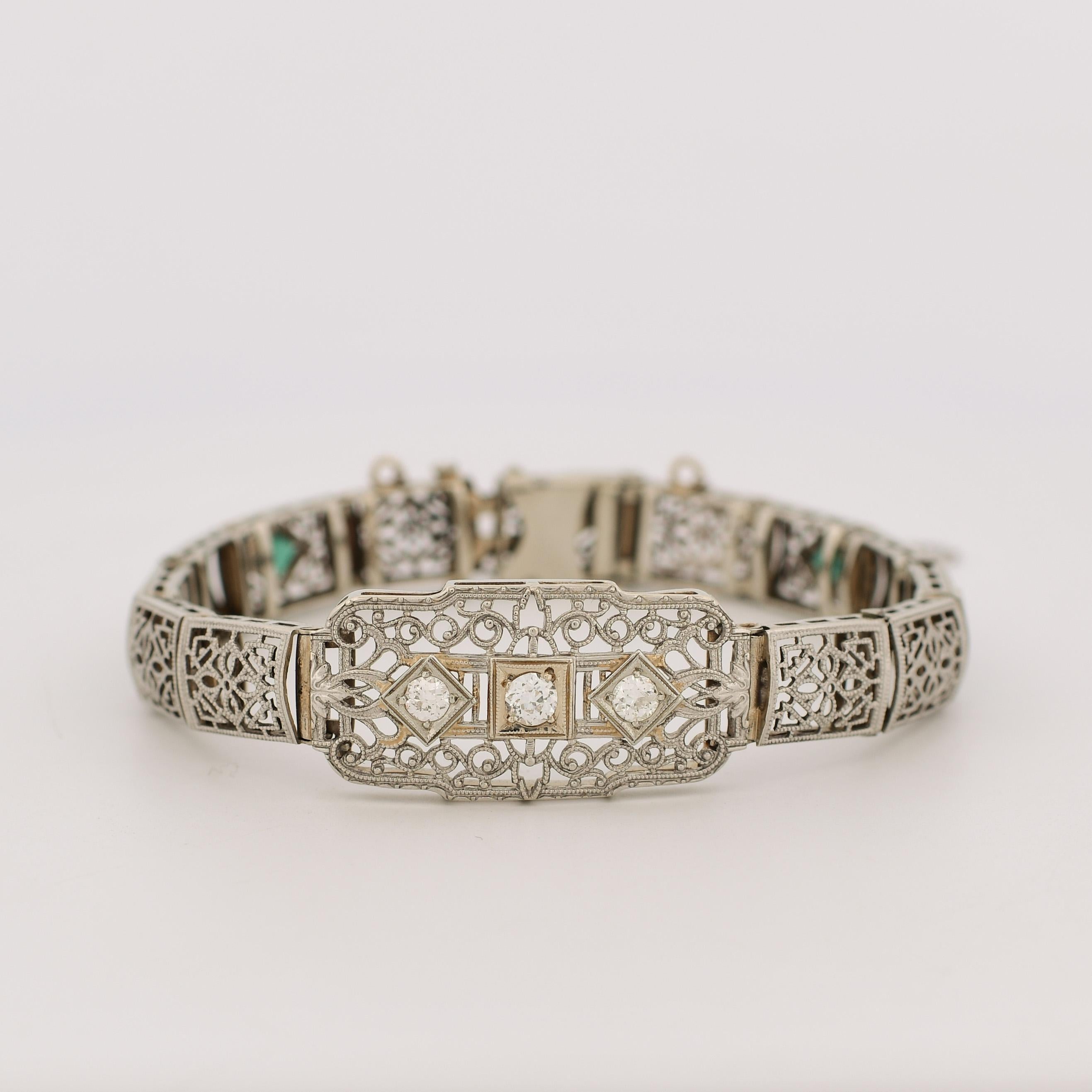 Art Deco Filigree Diamond & Emerald 14k White Gold Bracelet 2