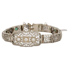 Art Deco Filigree Diamond & Emerald 14k White Gold Bracelet