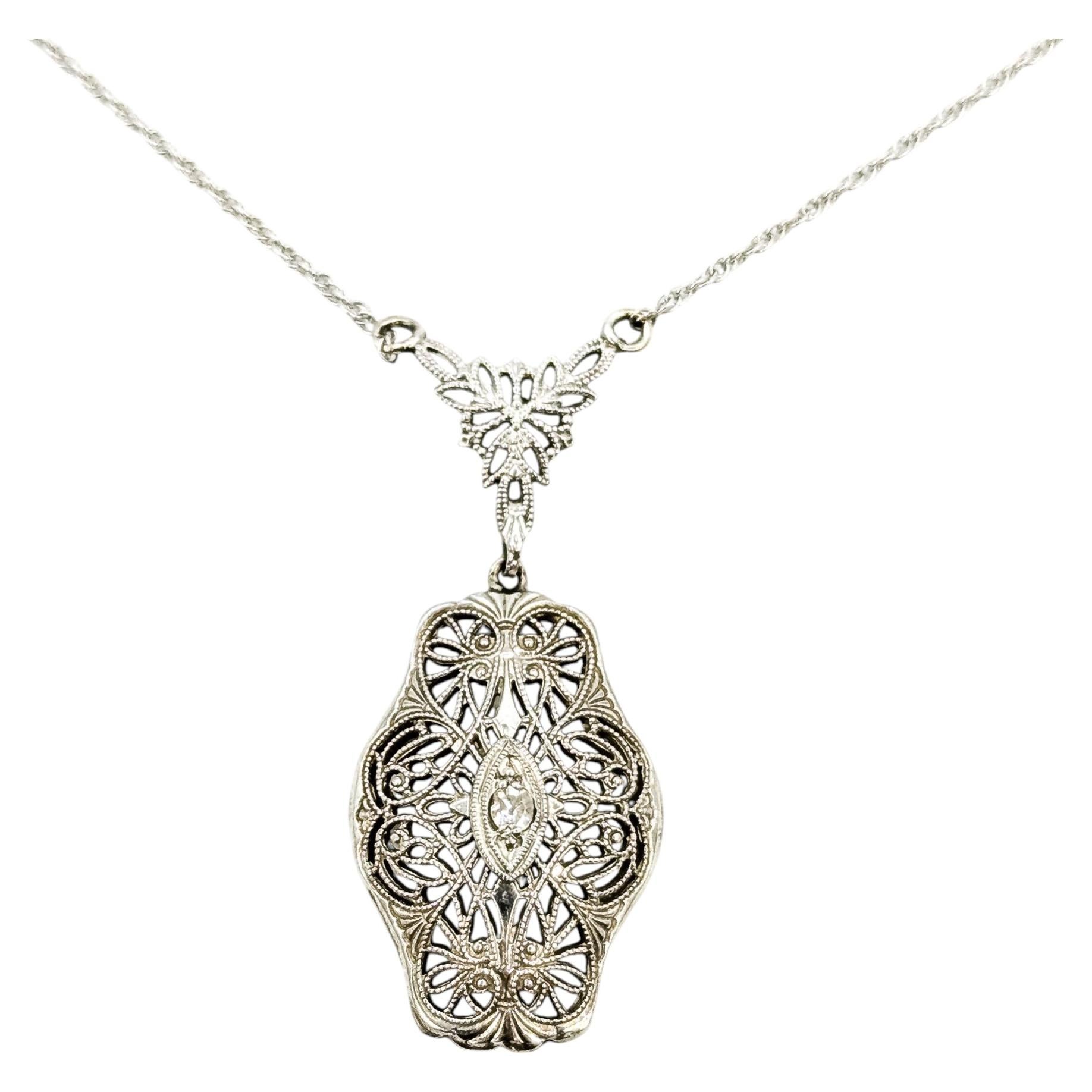 Art Deco Filigree Diamond Necklace in 14k White Gold